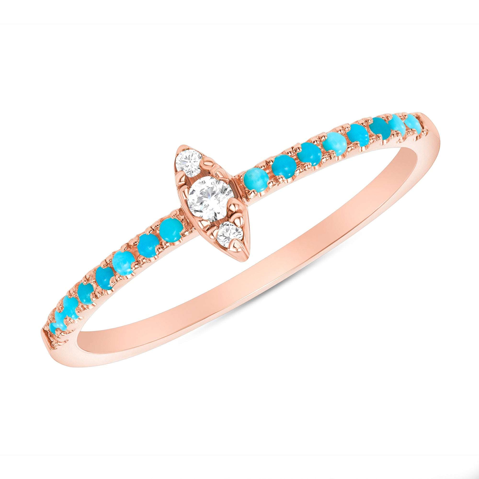 14K Gold Diamond & Turquoise Marquise Design Stackable Ring - Abtin & Company