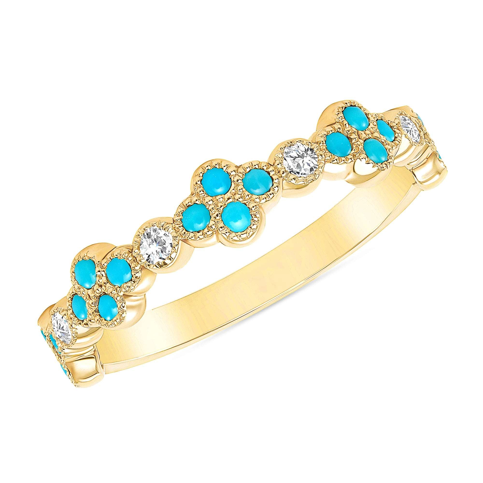 14K Gold Diamond & Turquoise Flower Ring/Stackable Band - Abtin & Company