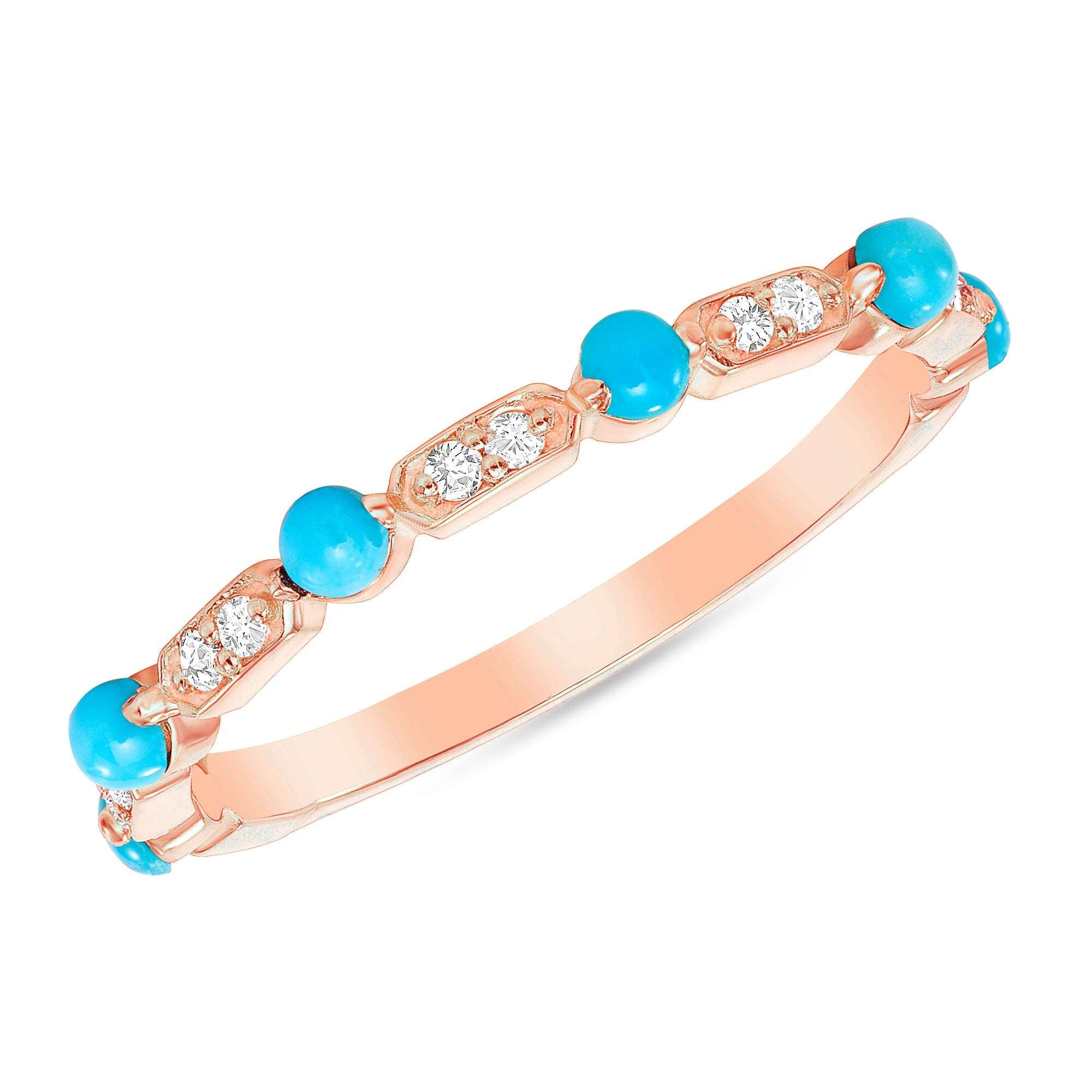 14K Gold Diamond & Turquoise Vintage Deco Stackable Ring - Abtin & Company