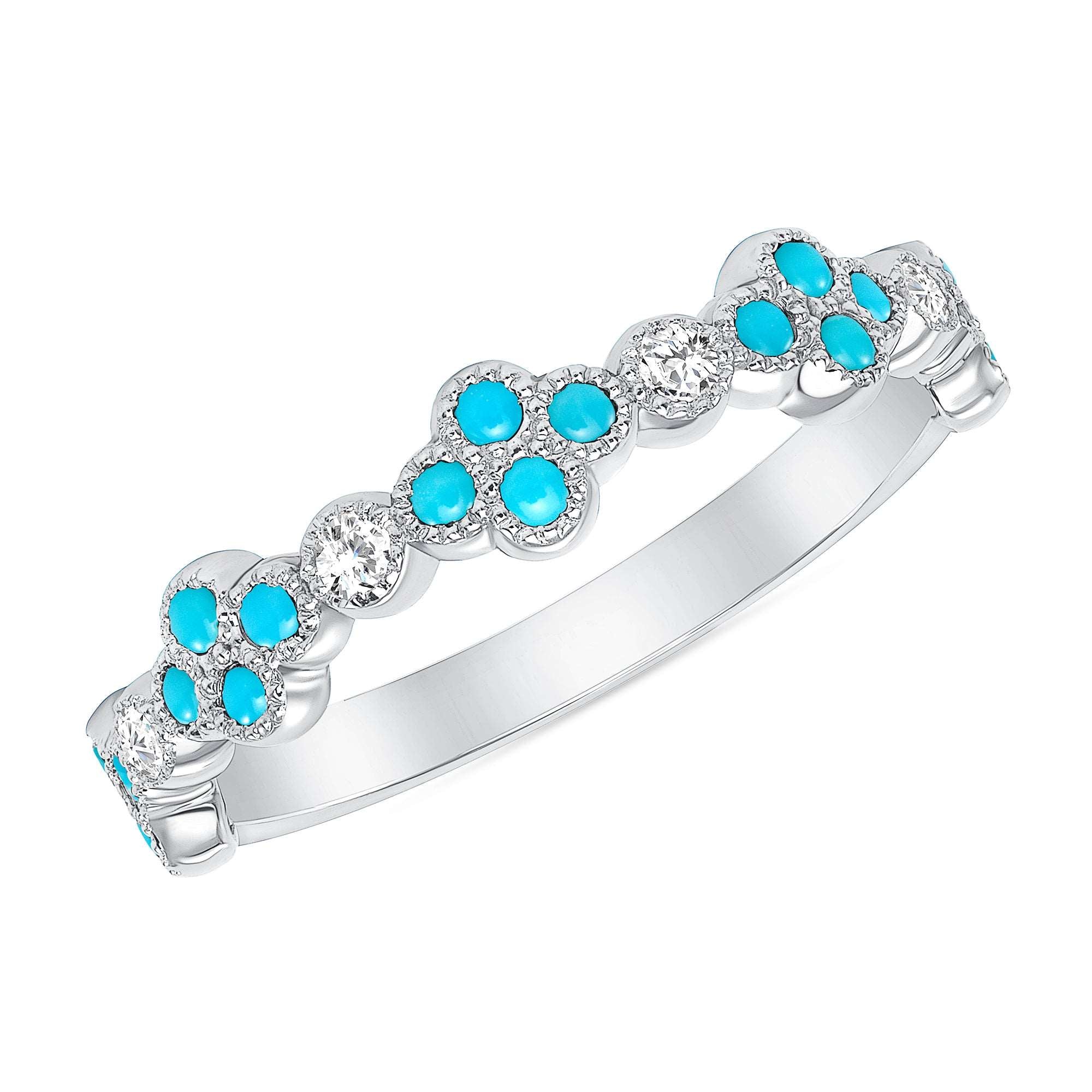 14K Gold Diamond & Turquoise Flower Ring/Stackable Band - Abtin & Company