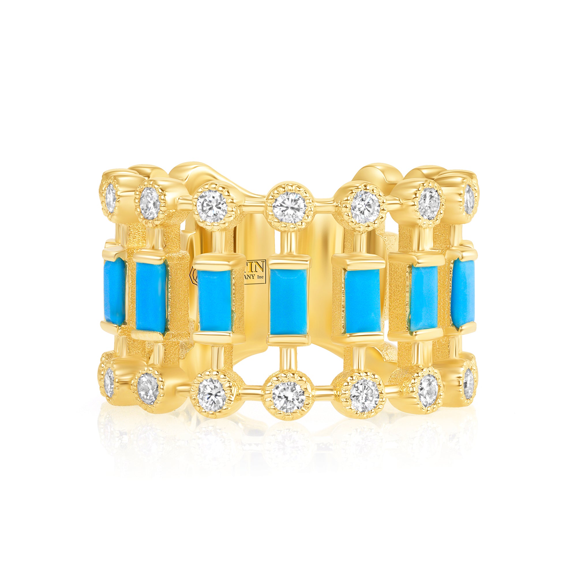 14K Yellow Gold Diamond & Turquoise Lace Cigar Ring - Abtin & Company