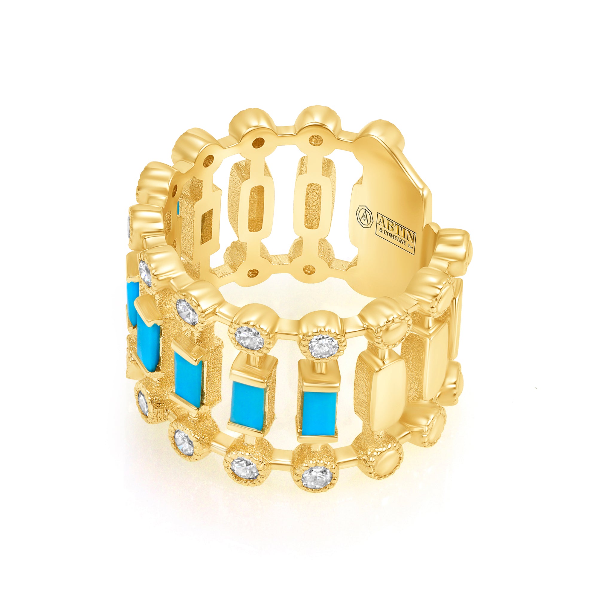 14K Yellow Gold Diamond & Turquoise Lace Cigar Ring - Abtin & Company