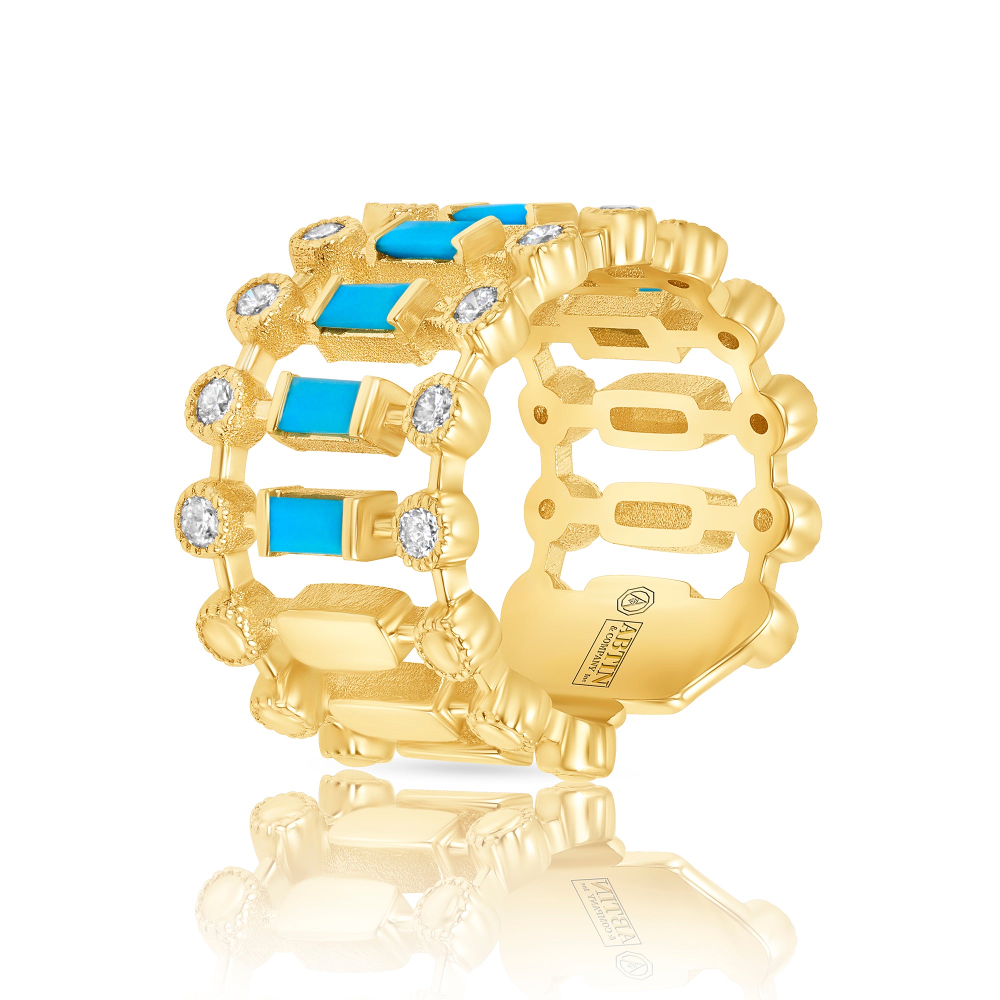 14K Yellow Gold Diamond & Turquoise Lace Cigar Ring - Abtin & Company