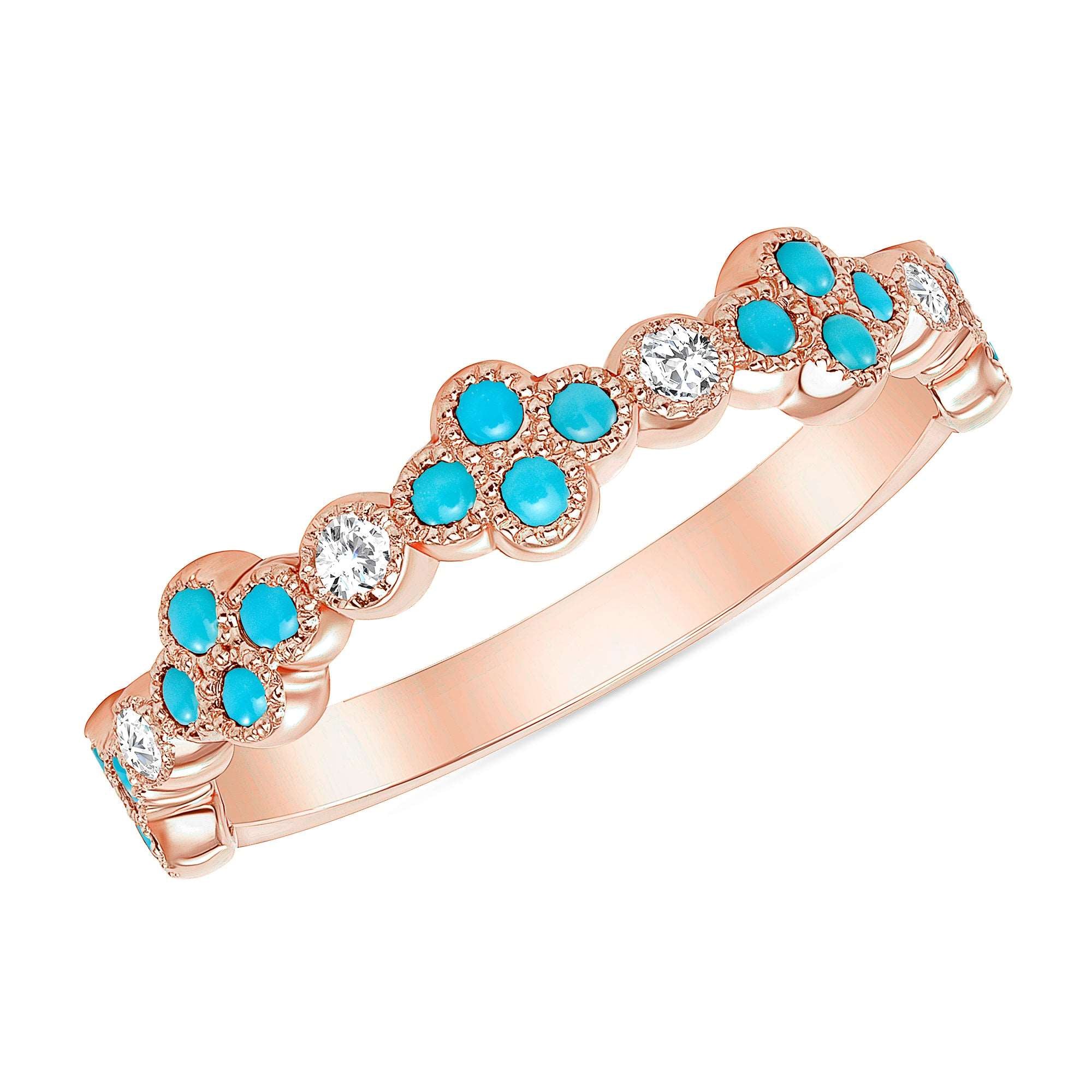 14K Gold Diamond & Turquoise Flower Ring/Stackable Band - Abtin & Company