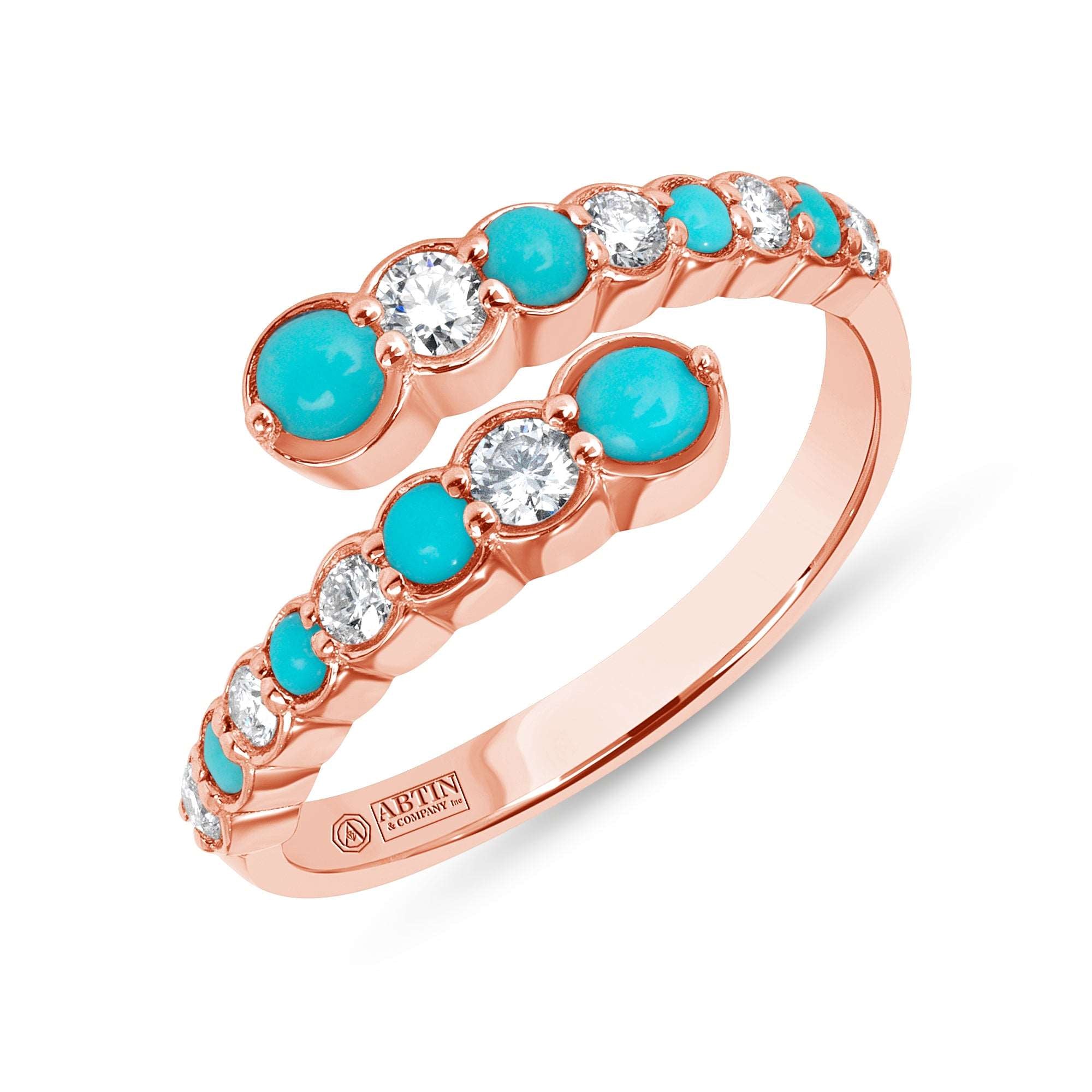 14K Gold Alternate Diamond & Turquoise Bezel Bypass Ring Band - Abtin & Company