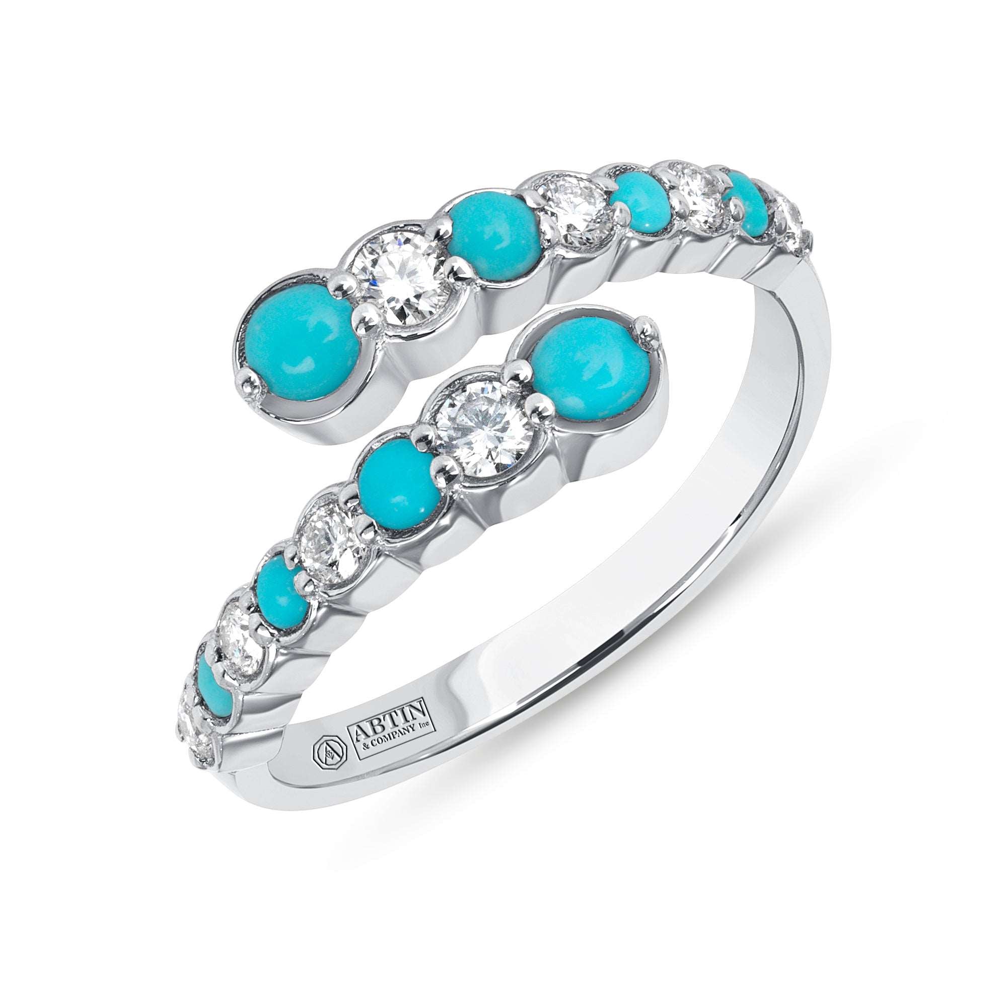 14K Gold Alternate Diamond & Turquoise Bezel Bypass Ring Band - Abtin & Company