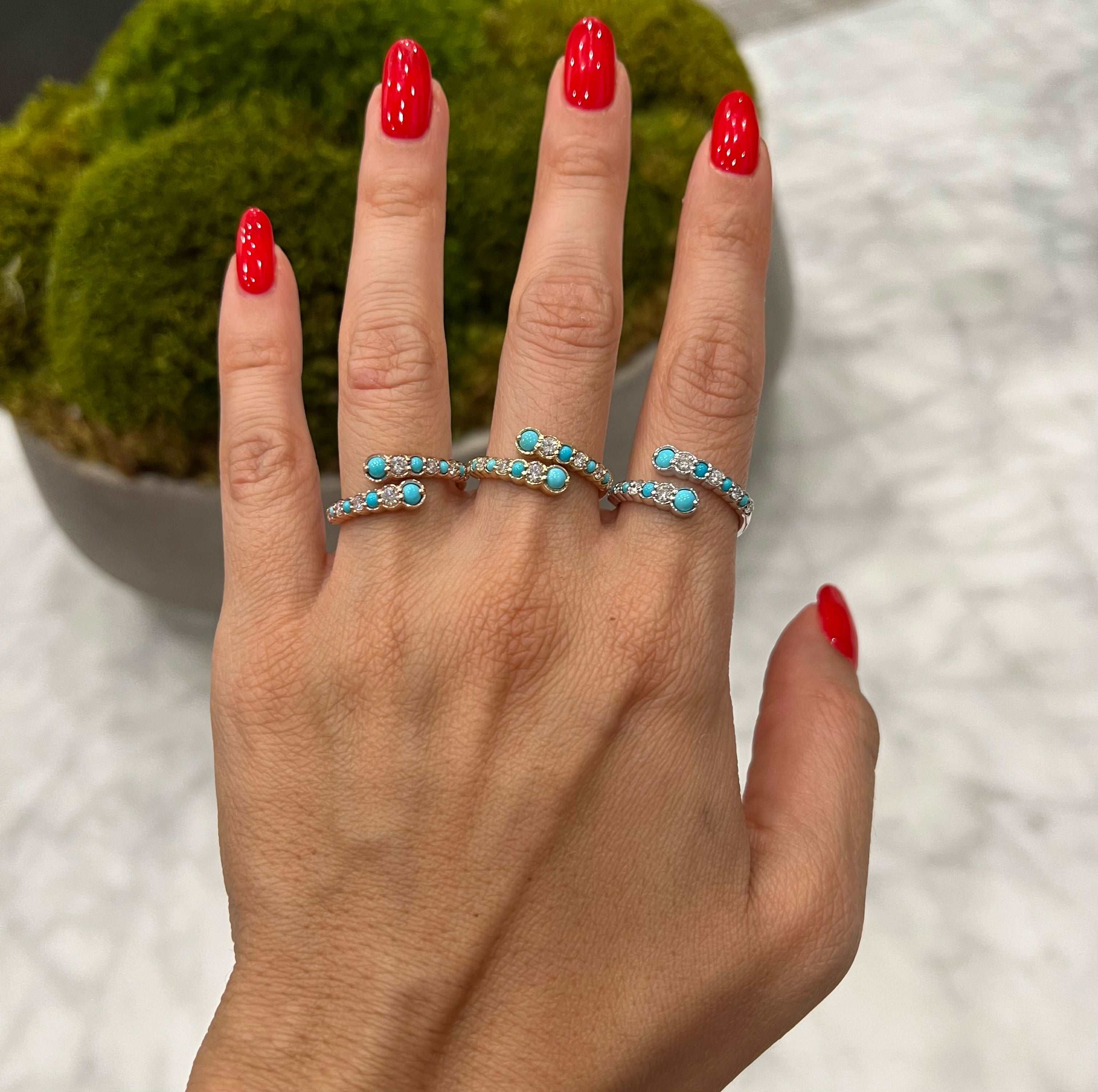 14K Gold Alternate Diamond & Turquoise Bezel Bypass Ring Band - Abtin & Company