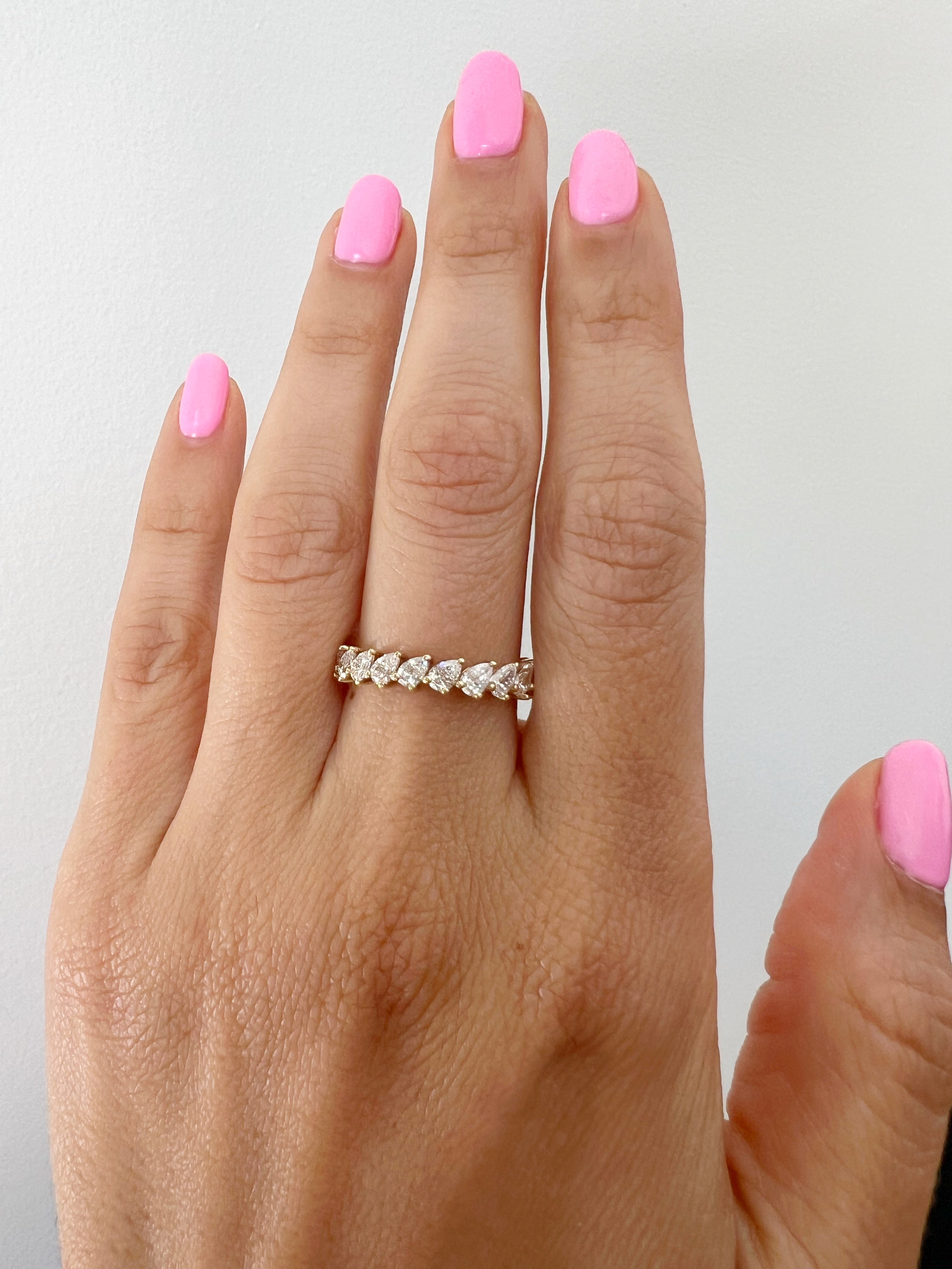 14K Gold Pear Cut Halfway Tilted Eternity Modern Prong Set Lab Grown Diamond Wedding Band Ring - Abtin & Company
