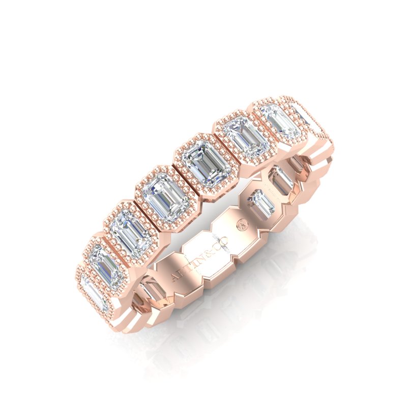 14K Gold Emerald Cut Three Quarter Way Vertical Eternity Milgrain Bezel Set Lab Grown Diamond Wedding Band Ring - Abtin & Company