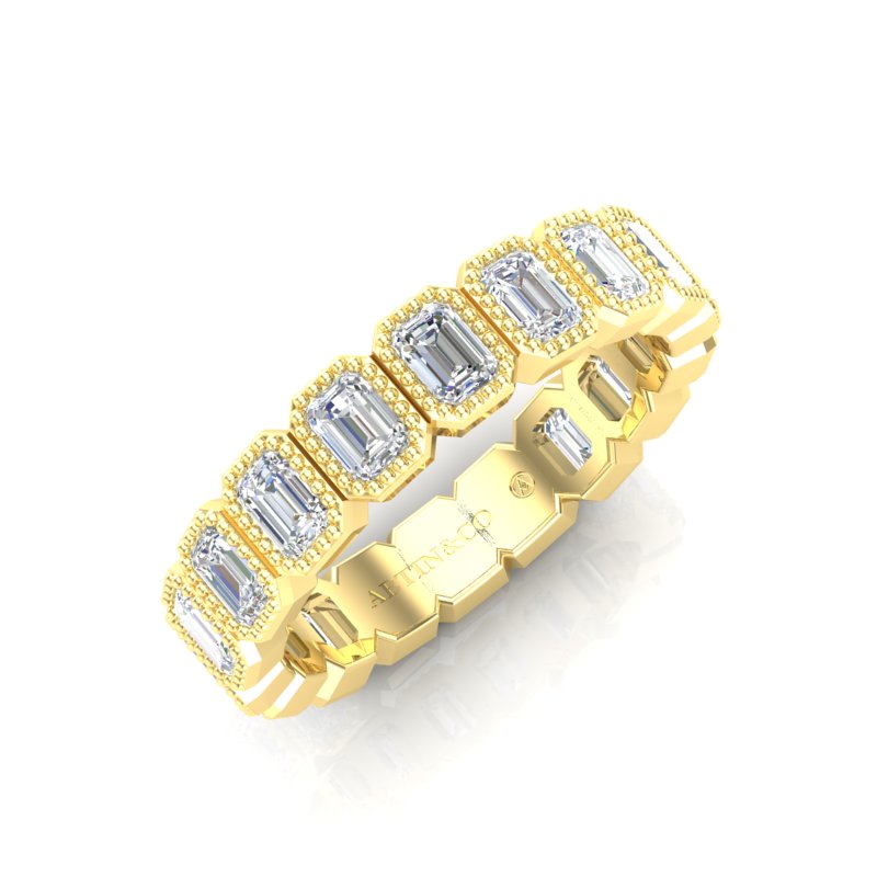 14K Gold Emerald Cut Three Quarter Way Vertical Eternity Milgrain Bezel Set Lab Grown Diamond Wedding Band Ring - Abtin & Company