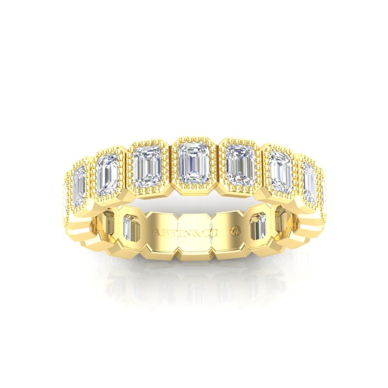 14K Gold Emerald Cut Three Quarter Way Vertical Eternity Milgrain Bezel Set Lab Grown Diamond Wedding Band Ring - Abtin & Company