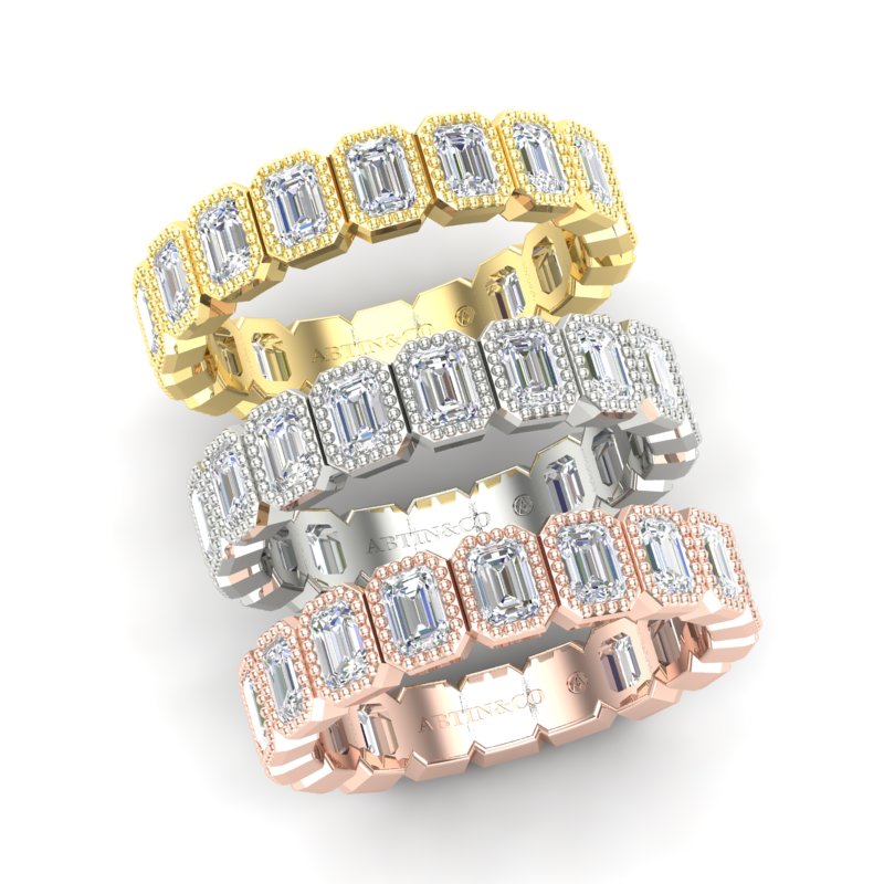 14K Gold Emerald Cut Three Quarter Way Vertical Eternity Milgrain Bezel Set Lab Grown Diamond Wedding Band Ring - Abtin & Company