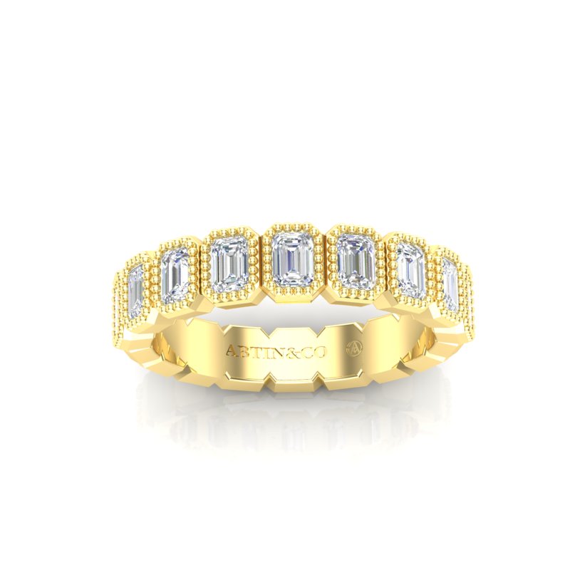 14K Gold Emerald Cut Halfway Vertical Eternity Milgrain Bezel Set Lab Grown Diamond Wedding Band Ring - Abtin & Company