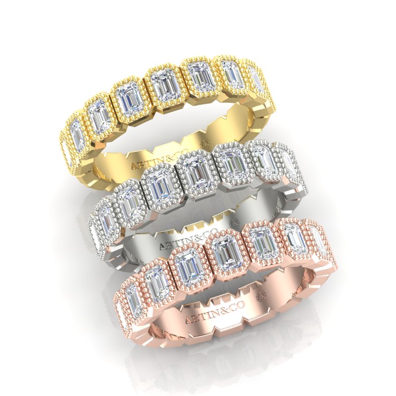 14K Gold Emerald Cut Halfway Vertical Eternity Milgrain Bezel Set Lab Grown Diamond Wedding Band Ring - Abtin & Company