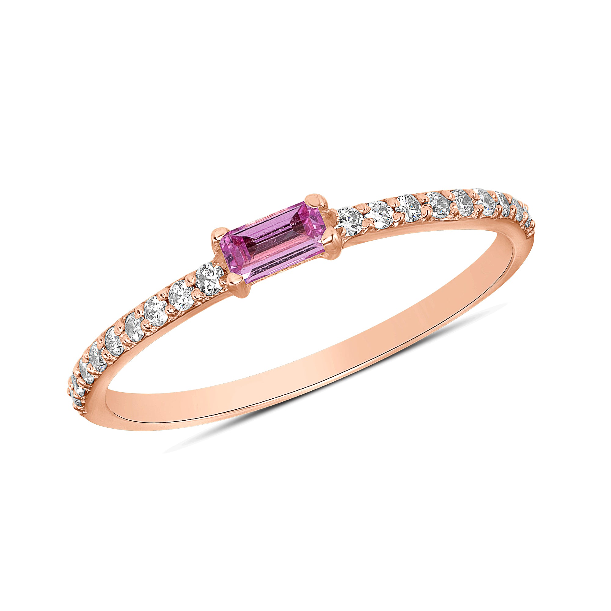 14K Rose Gold Diamond & Pink Sapphire Baguette Stackable Band - Abtin & Company