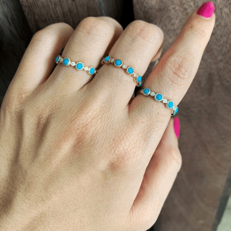 14k Alternate Diamond and Turquoise Bezel Set Stackable Ring Band Ring ABB-104.1-TQD GGDB-104.1-TQD - Abtin & Co.