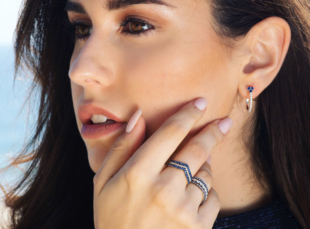 14k Diamond and Blue Sapphire Flower Huggie Earring ABH-101.1W-BSD  - Abtin & Co.