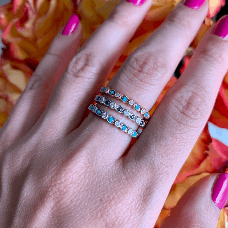 14K Diamond and Turquoise Milgrain vintage Stacking ring Ring ABB-243.2-TQD  - Abtin & Co.