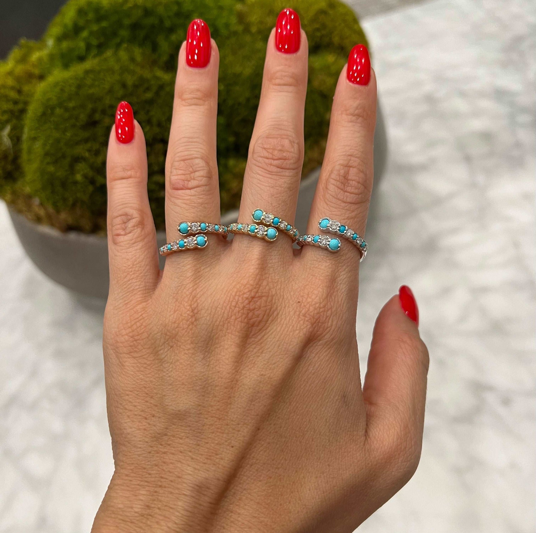 14K Gold Alternate Diamond & Turquoise Bezel Bypass Ring Band Ring ABB-619V1Y-TQD  - Abtin & Co.