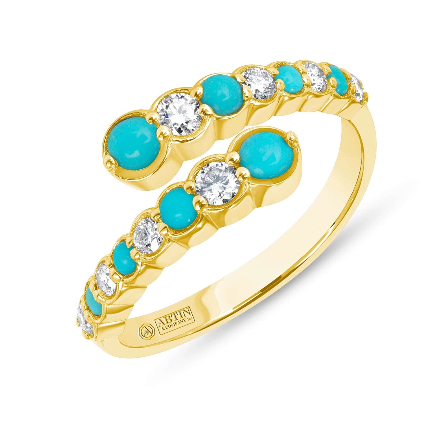 14K Gold Alternate Diamond & Turquoise Bezel Bypass Ring Band Ring ABB-619V1Y-TQD  - Abtin & Co.