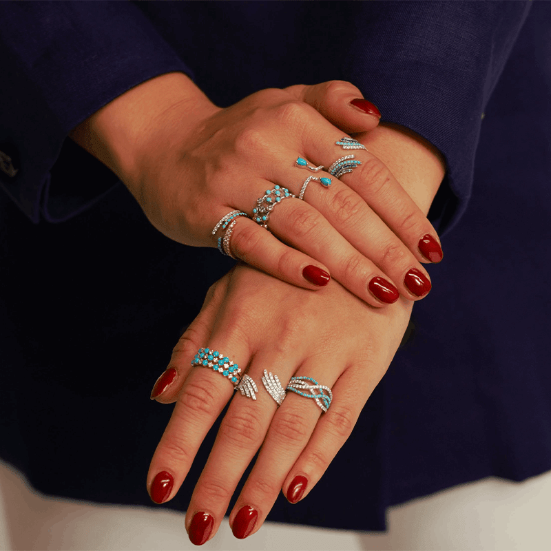 14K Gold Alternating Diamond & Turquoise Stacking Band Ring ABB-252.4-TQD  - Abtin & Co.
