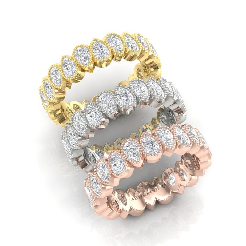 14K Gold Alternating Pear Cut Three Quarter Way Eternity Milgrain Bezel Set Lab Grown Diamond Wedding Band Ring Pear Cut ABB-425.2-LGD  - Abtin & Co.