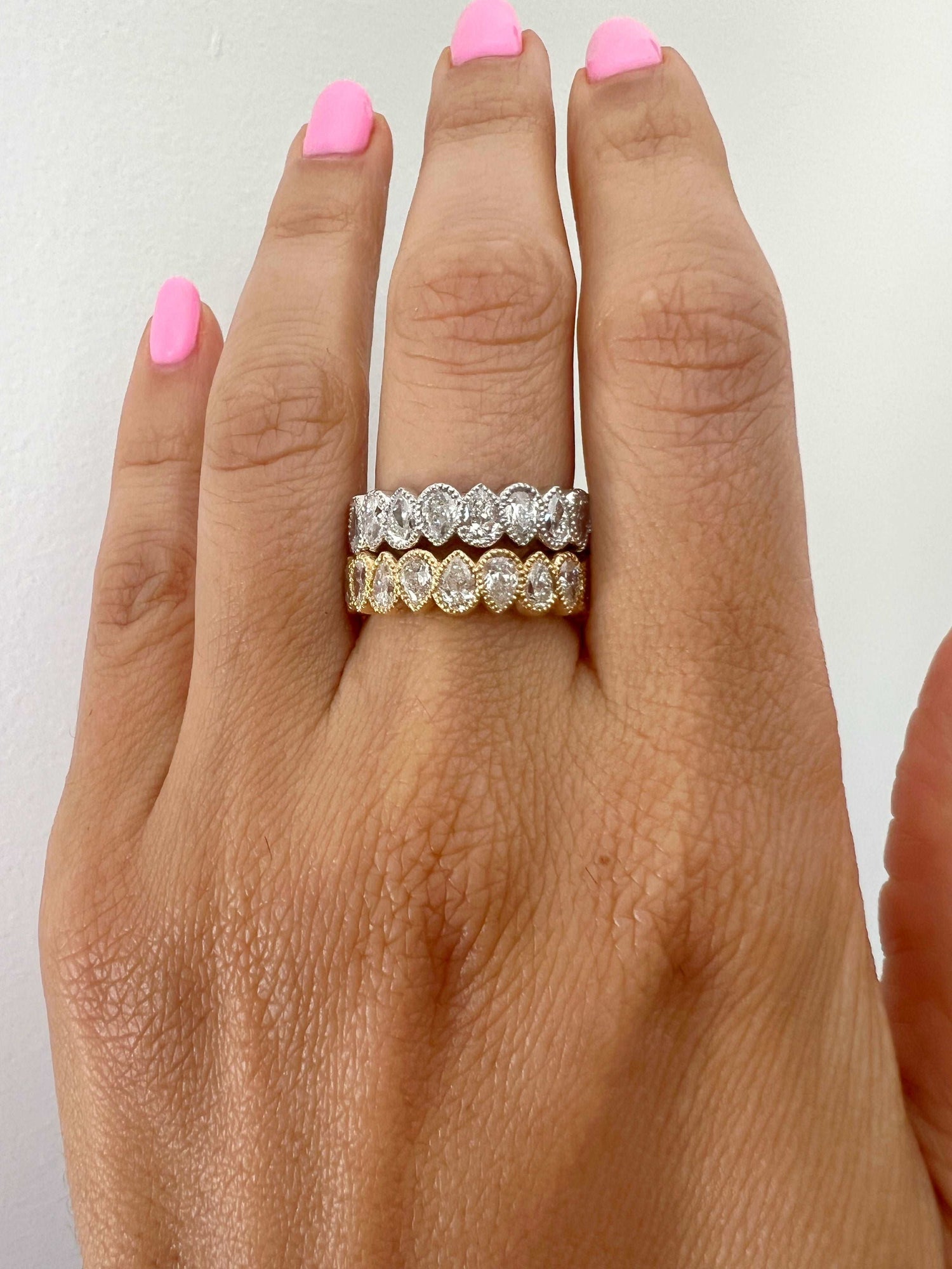 14K Gold Alternating Pear-Cut Three Quarter Way Eternity Milgrain Bezel Set Lab Grown Diamond Wedding Band Ring Pear Cut ABB-426.2-LGD  - Abtin & Co.