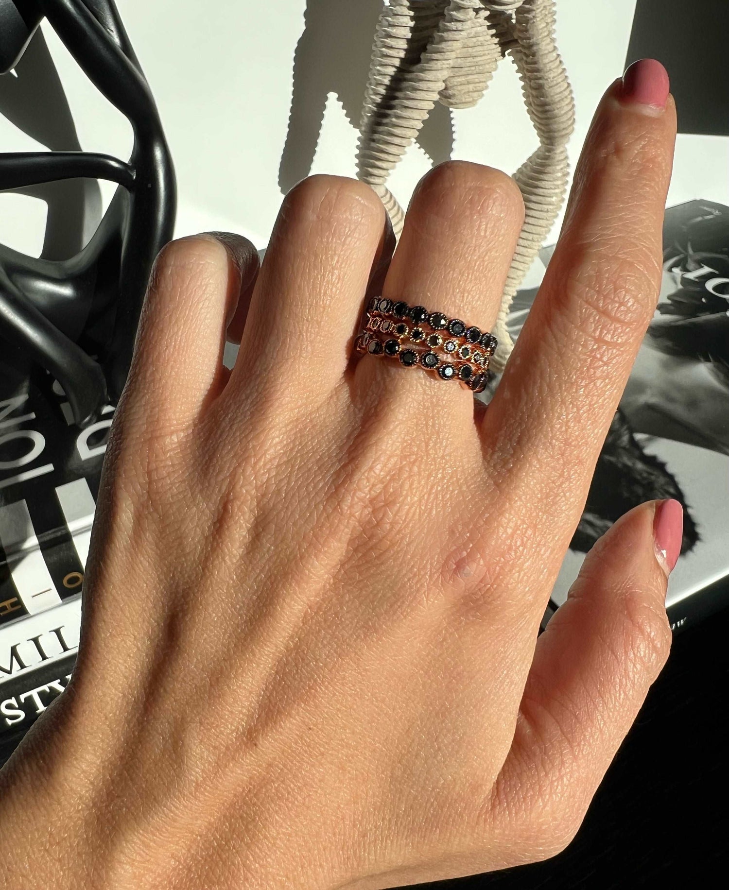 14K Gold Black Diamond Stackable Band Wedding Ring Ring ABB-122-BDF-BR  - Abtin & Co.