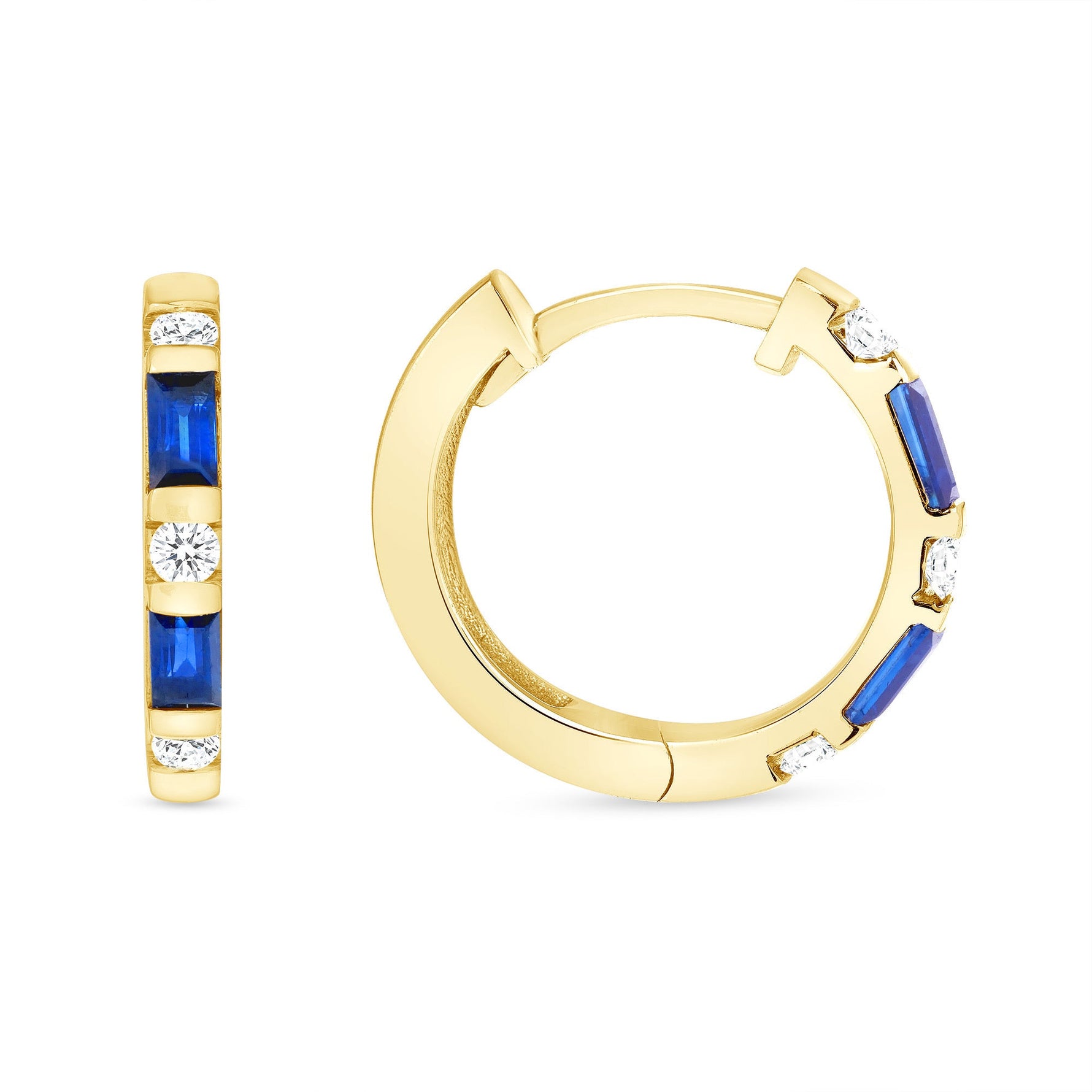 14K Gold Blue Sapphire & Diamond Huggie Earrings Earring ABE-110/2-BSD -2  - Abtin & Co.