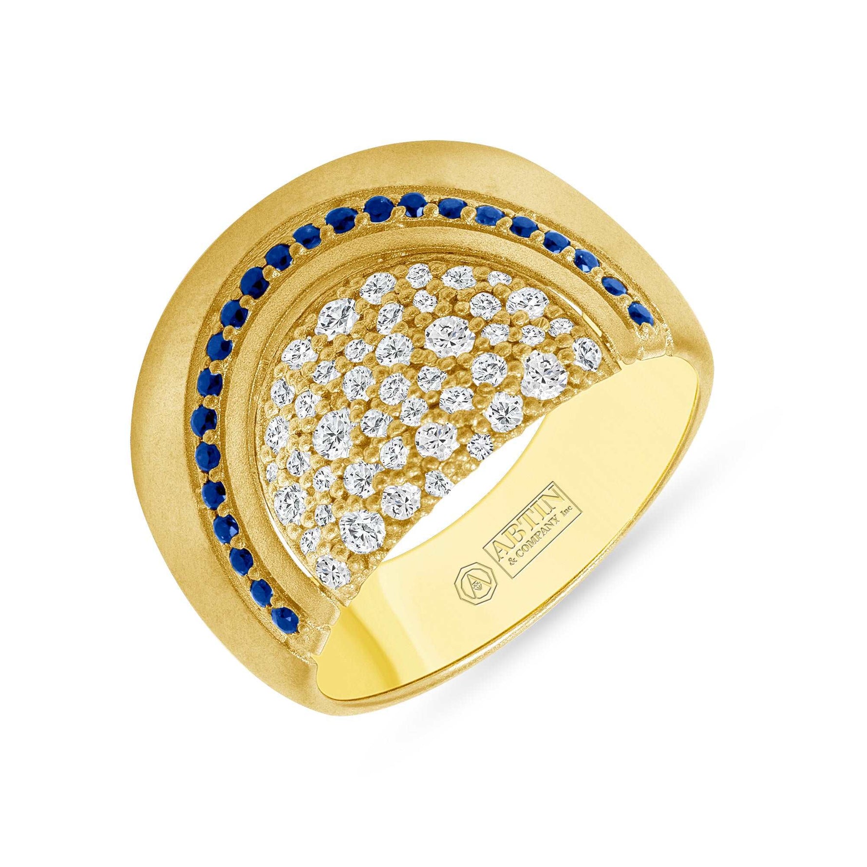 14K Gold Diamond and Blue Sapphire Vintage Look Wide Ring Ring ABB-580Y-BSD-1  - Abtin & Co.