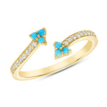 14K Gold Diamond and Turquoise Clover Bypass Ring Ring ABB-162V1-TQD  - Abtin & Co.