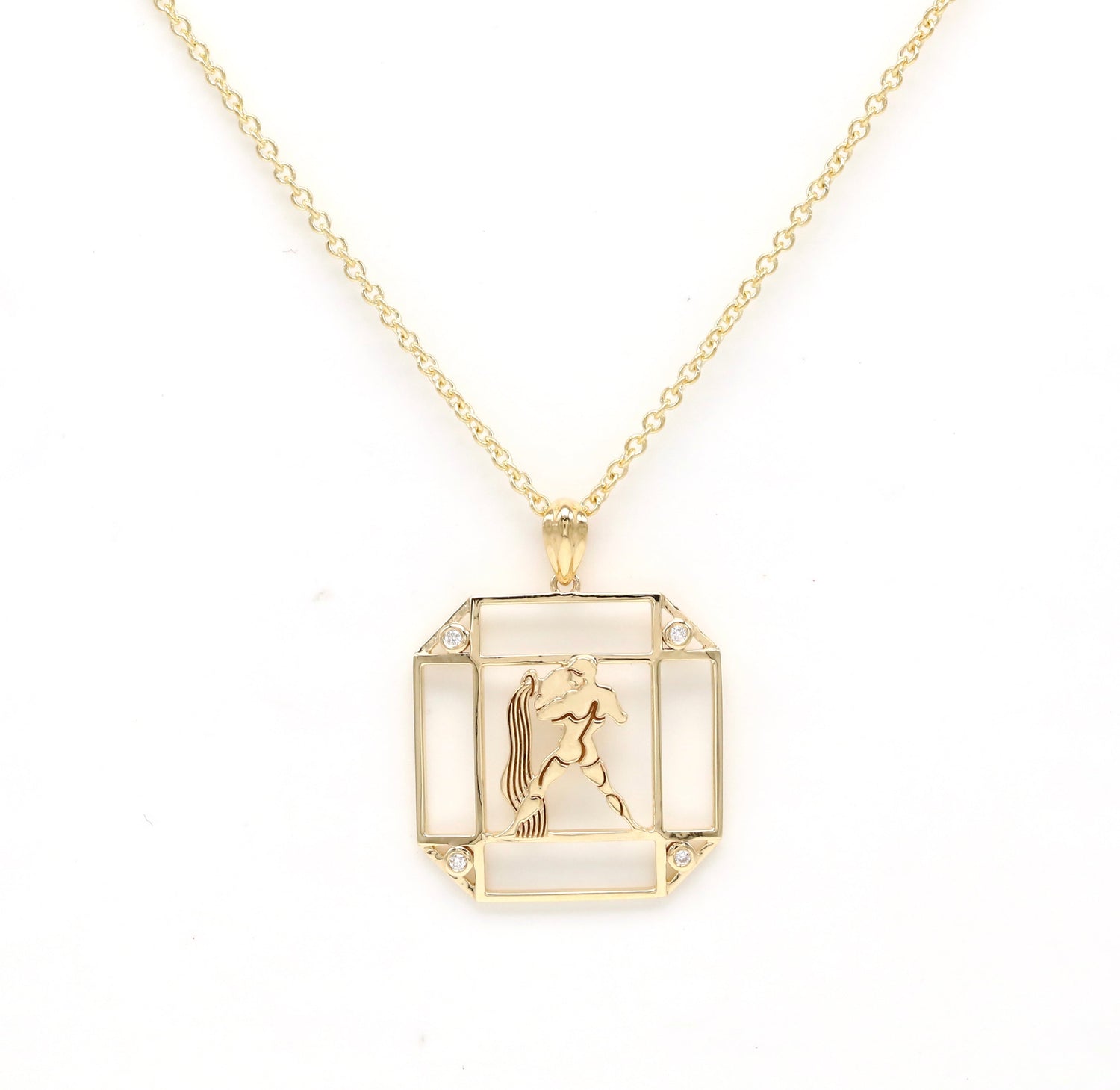 14K Gold & Diamond Aquarius Horoscope Square Pendant Necklace Pendant ALP-226Y-AQU.GD  - Abtin & Co.