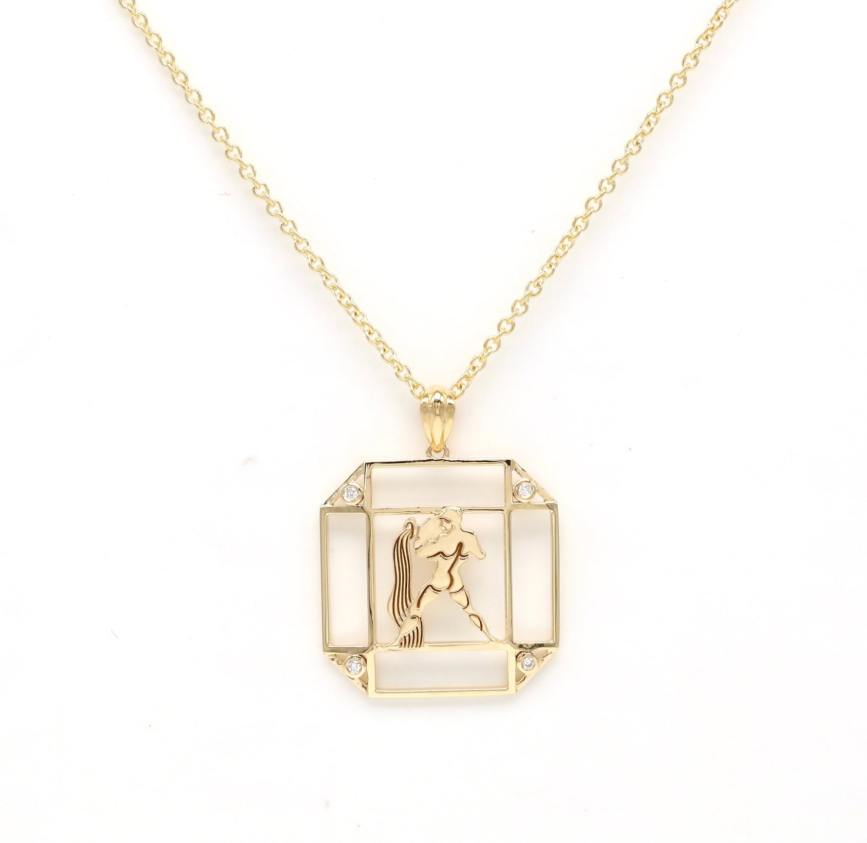14K Gold & Diamond Aquarius Horoscope Square Pendant Necklace Pendant ALP-226Y-AQU.GD  - Abtin & Co.
