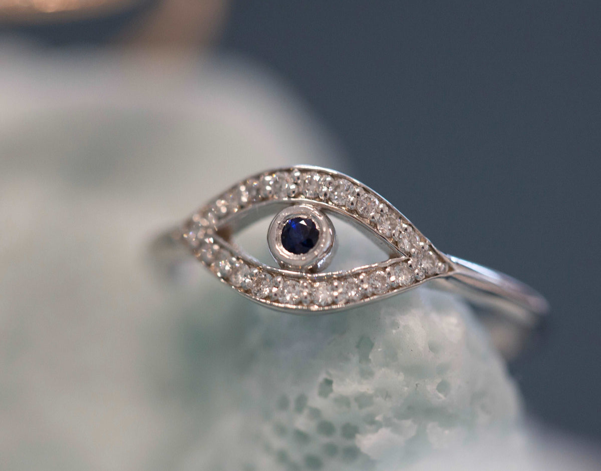 14K Gold Diamond & Blue Sapphire Evil-eye Ring Ring ABB-222-BSD  - Abtin & Co.