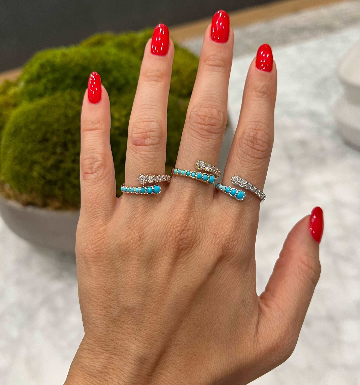 14K Gold Diamond & Turquoise Bezel Bypass Ring Band Ring ABB-619V2Y-TQD  - Abtin & Co.