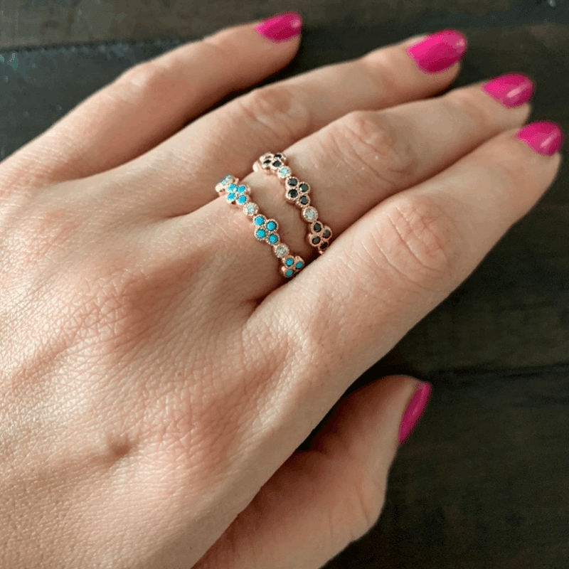 14K Gold Diamond & Turquoise Flower Ring/Stackable Band Ring ABB-144V1-TQDD  - Abtin & Co.