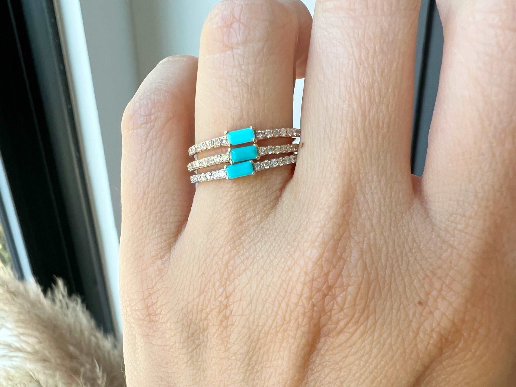 14K Gold Diamond & Turquoise Stackable Ring Wedding Band Ring ABB-107-TQD-12  - Abtin & Co.