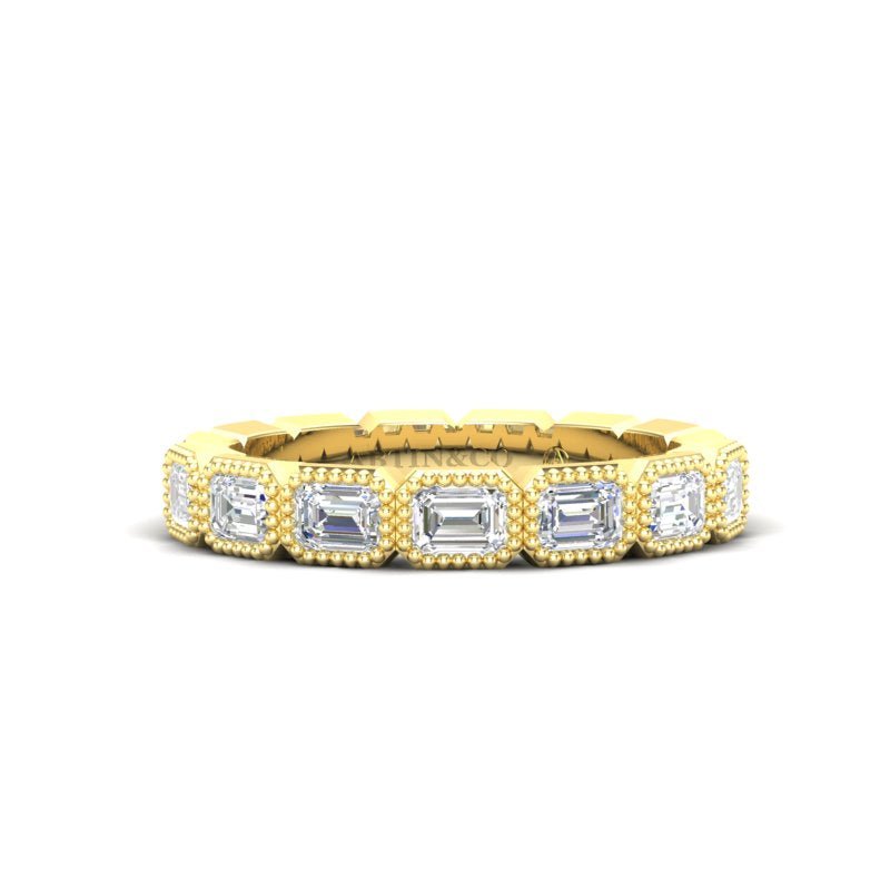 14K Gold Emerald Cut Halfway East West Eternity Milgrain Bezel Set Lab Grown Diamond Wedding Band Ring Emerald Cut ABB-516.1-LGD  - Abtin & Co.