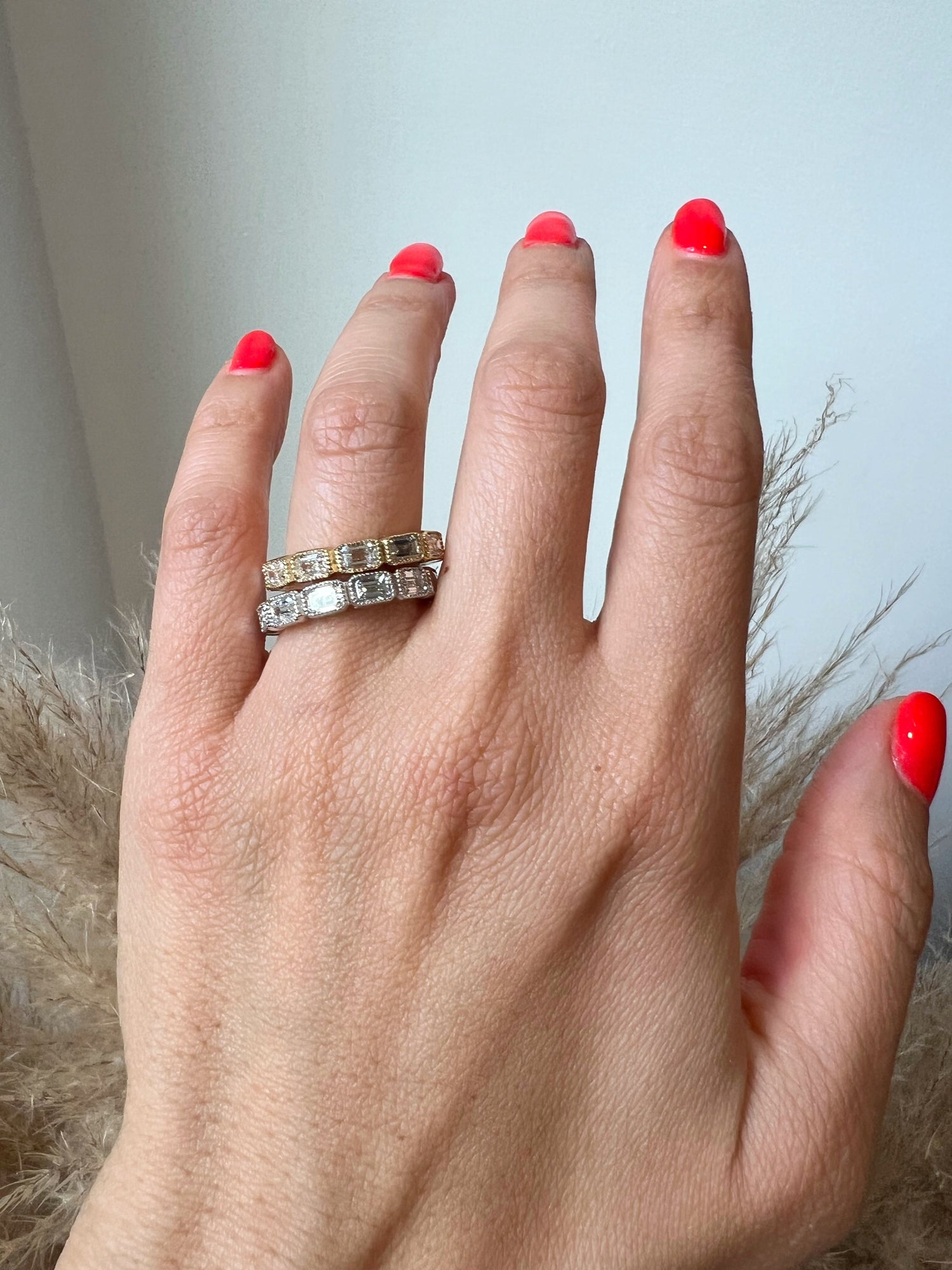 14K Gold Emerald Cut Halfway East West Eternity Milgrain Bezel Set Lab Grown Diamond Wedding Band Ring Emerald Cut ABB-517.1-LGD  - Abtin & Co.