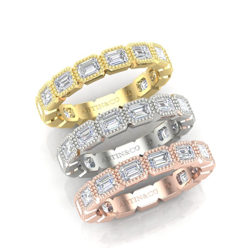 14K Gold Emerald Cut Three Quarter Way East West Eternity Milgrain Bezel Set Lab Grown Diamond Wedding Band Ring Emerald Cut ABB-516.2-LGD  - Abtin & Co.