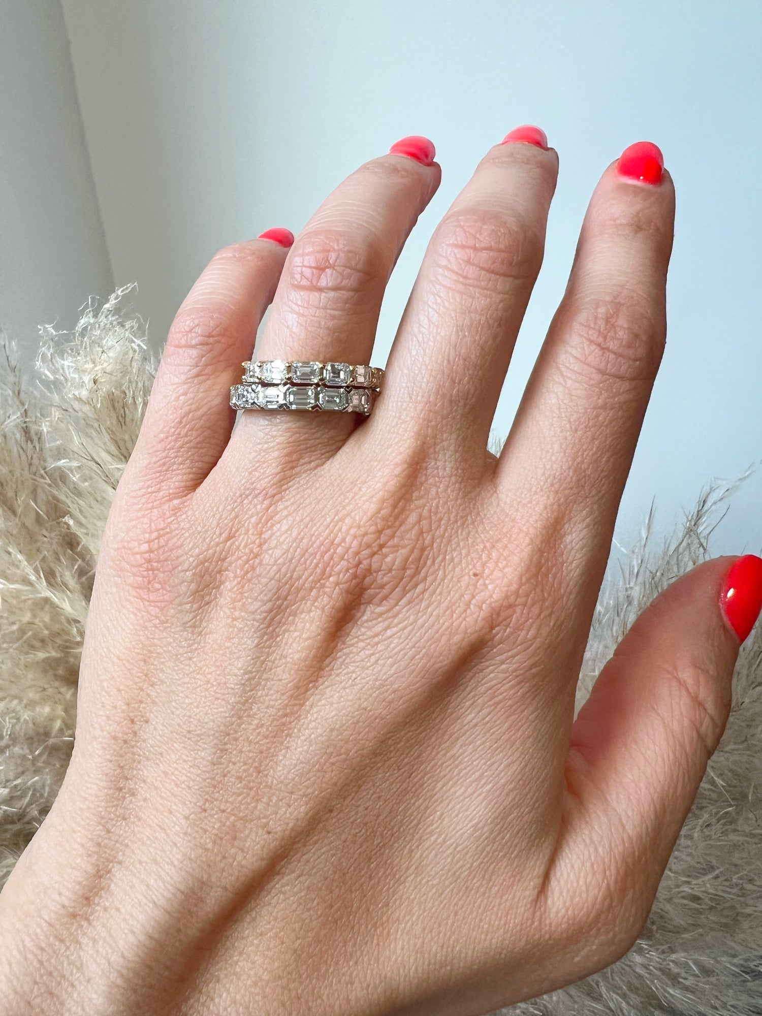 14K Gold Emerald Cut Three Quarter Way East West Eternity Modern Prong Set Lab Grown Diamond Wedding Band Ring Emerald Cut ABB-520.2-LGD  - Abtin & Co.