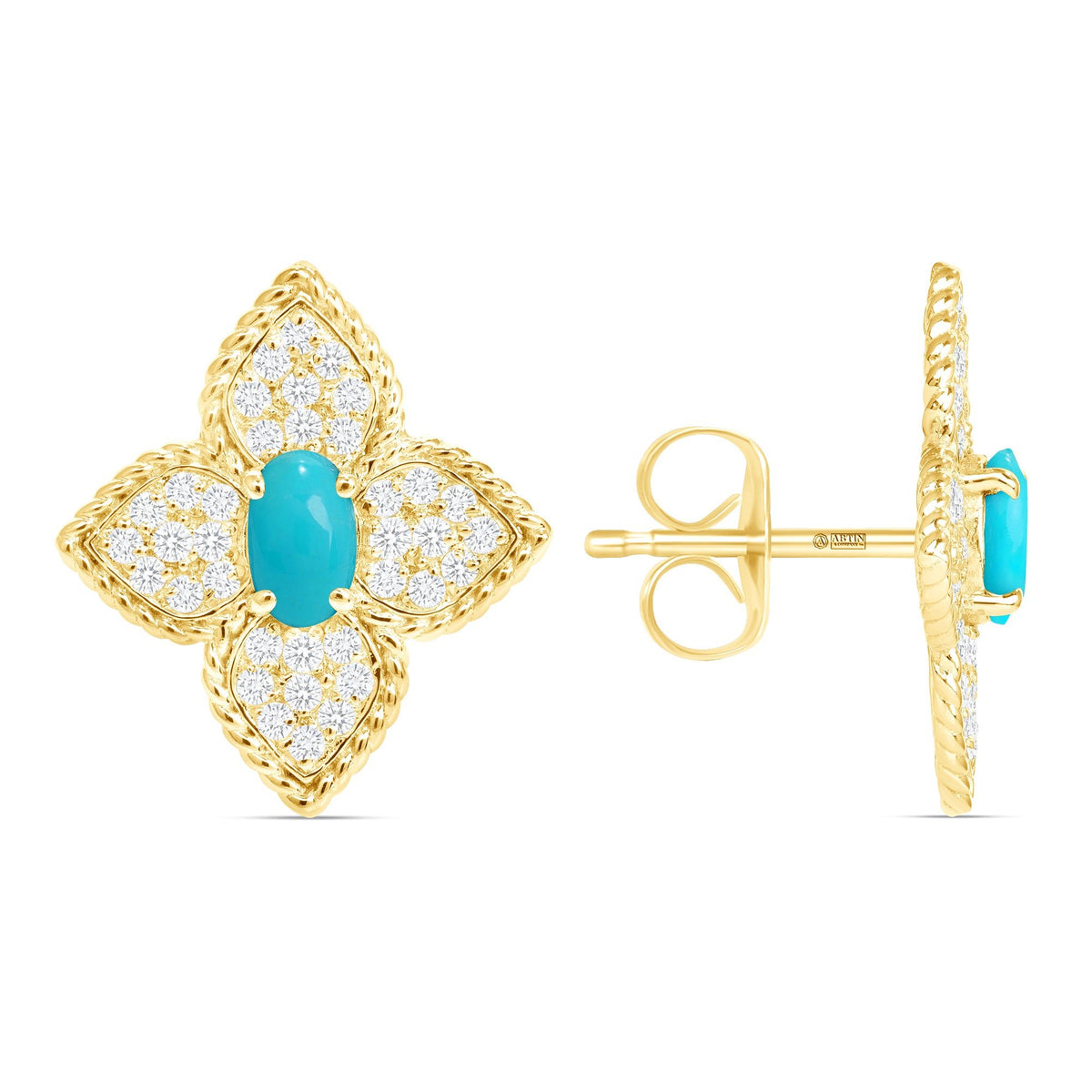 14K Gold Floral Turquoise and Diamond Pave Set Studs Earrings Earring ABE-173R-TQD-2  - Abtin & Co.