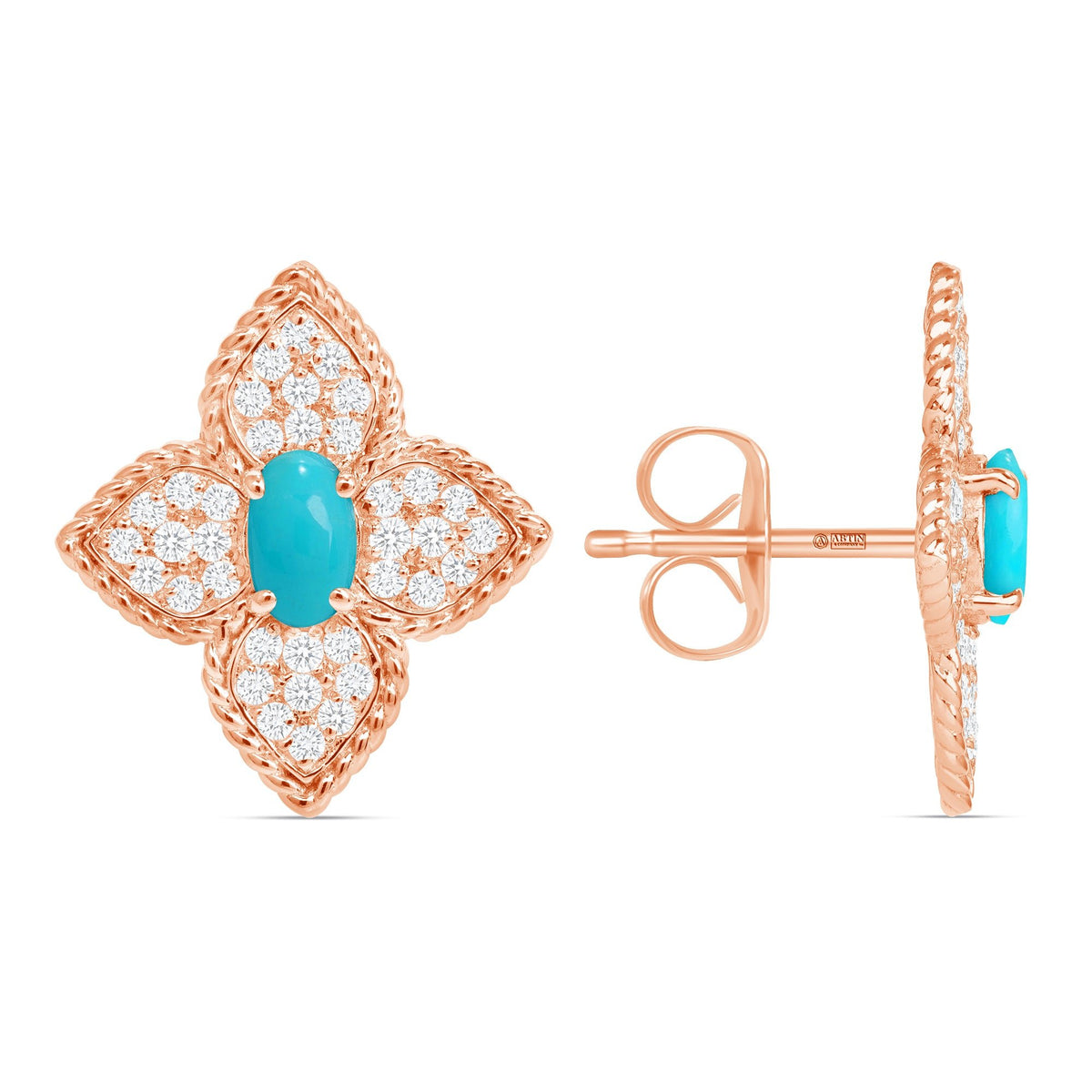 14K Gold Floral Turquoise and Diamond Pave Set Studs Earrings Earring ABE-173R-TQD-3  - Abtin & Co.
