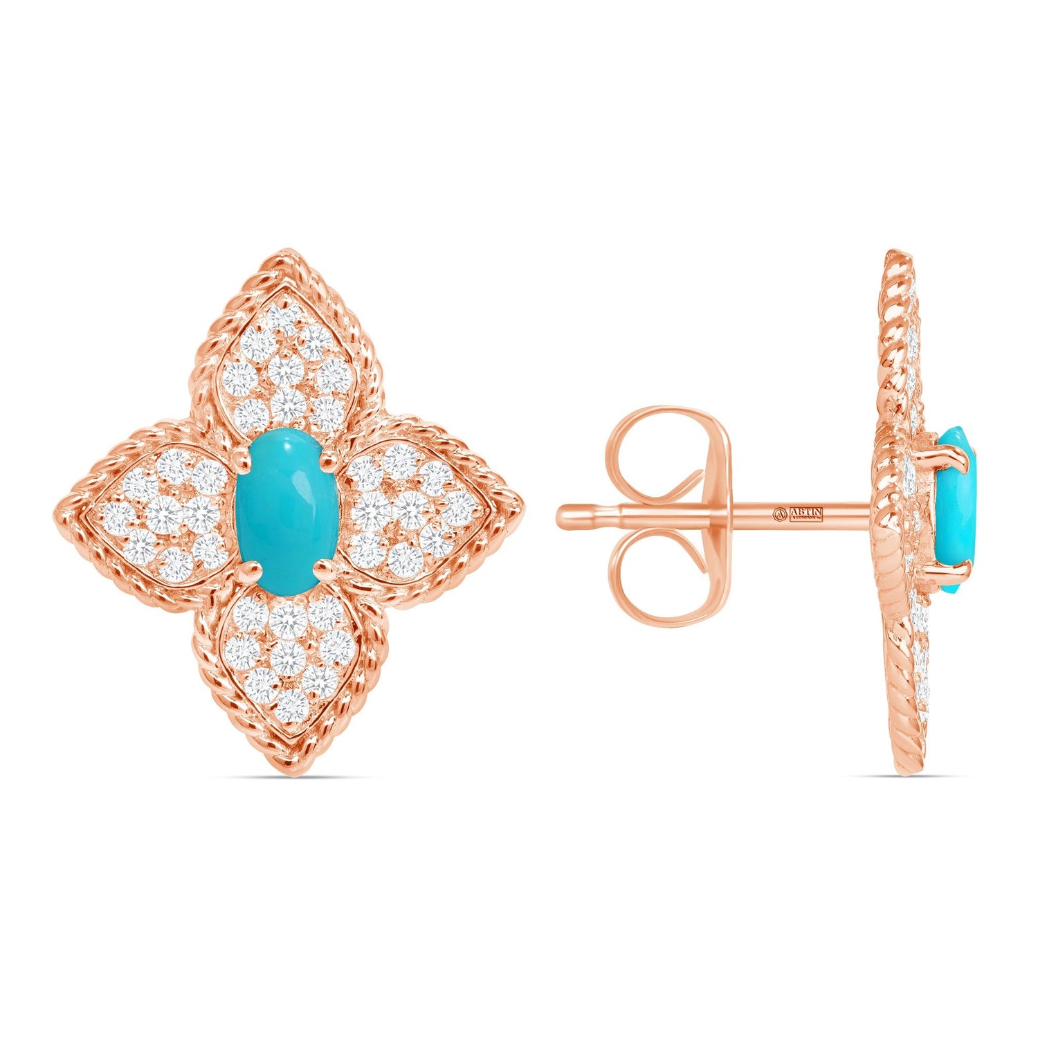 14K Gold Floral Turquoise and Diamond Pave Set Studs Earrings Earring ABE-173R-TQD-3  - Abtin & Co.