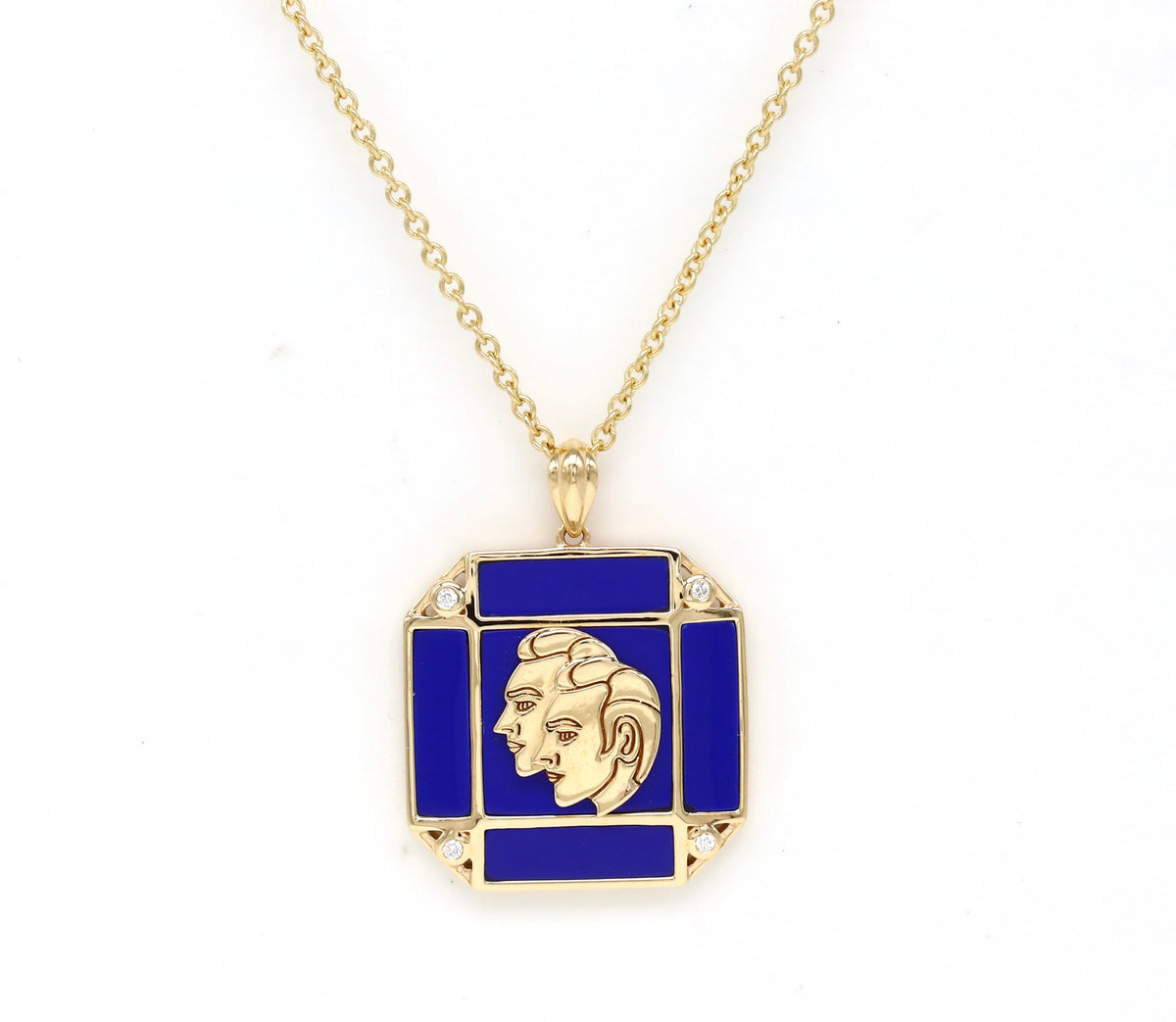 14K Gold Lapis & Diamond Gemini Horoscope Square Pendant Necklace Pendant ALP-226Y-GEM.LP  - Abtin & Co.