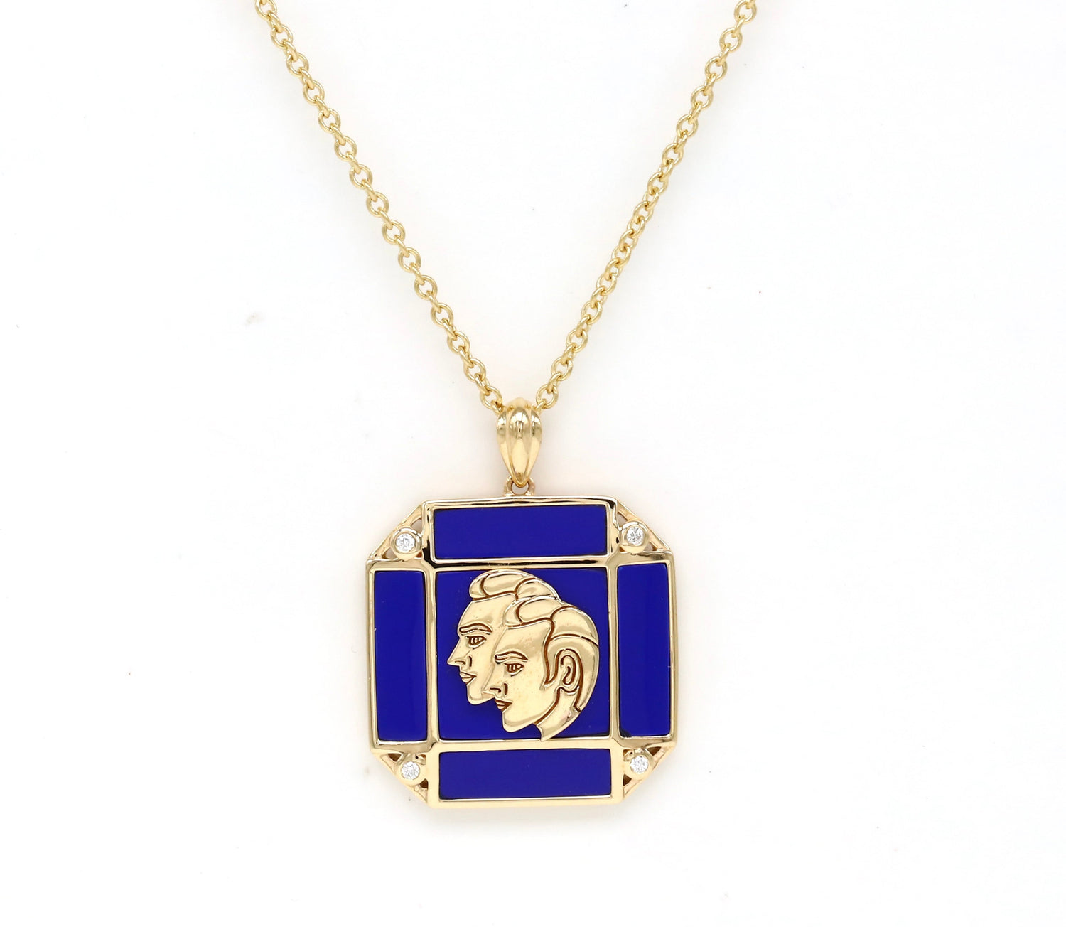 14K Gold Lapis & Diamond Gemini Horoscope Square Pendant Necklace Pendant ALP-226Y-GEM.LP  - Abtin & Co.