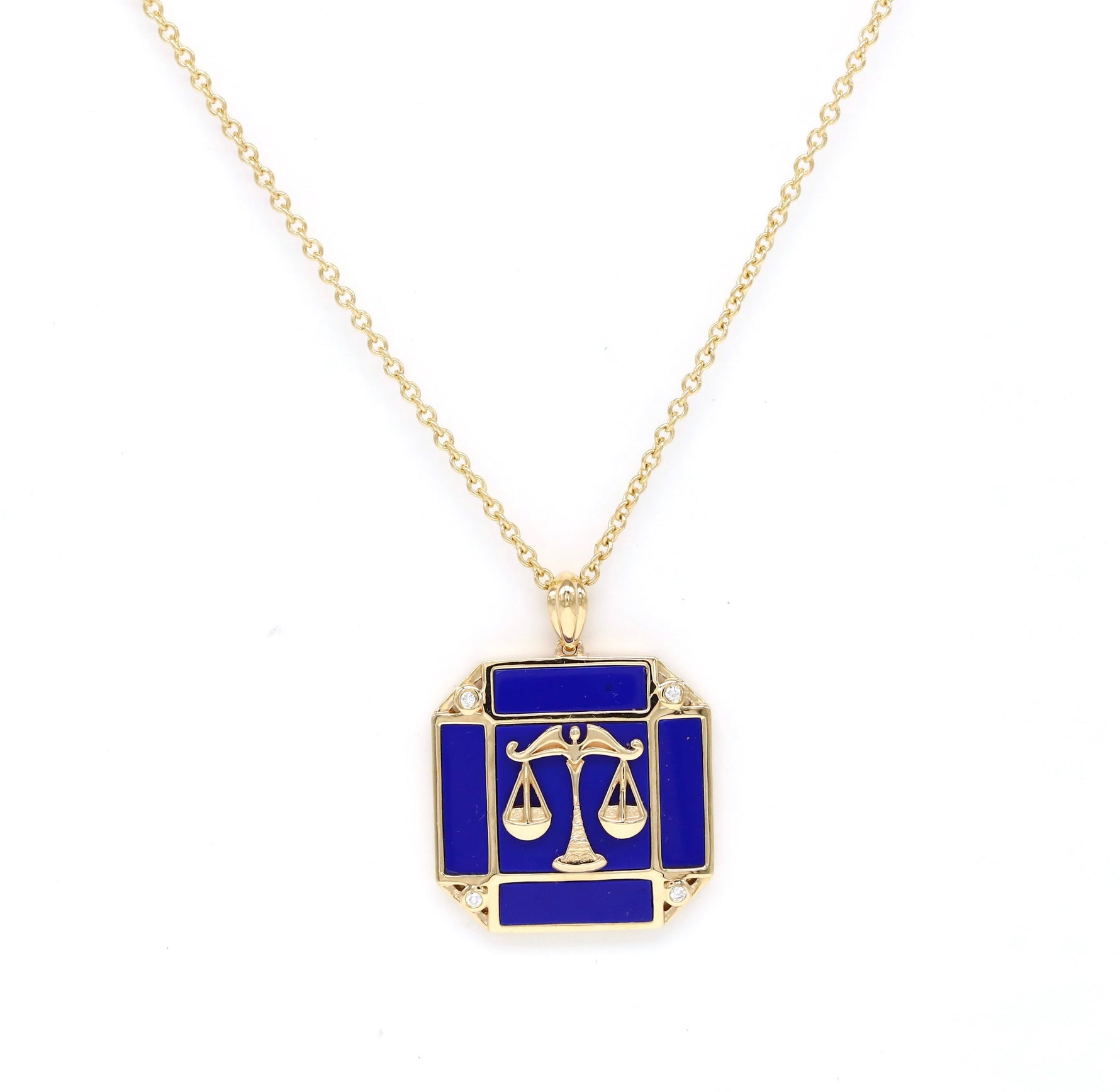 14K Gold Lapis & Diamond Libra Horoscope Square Pendant Necklace Pendant ALP-226Y-LIB.LP  - Abtin & Co.