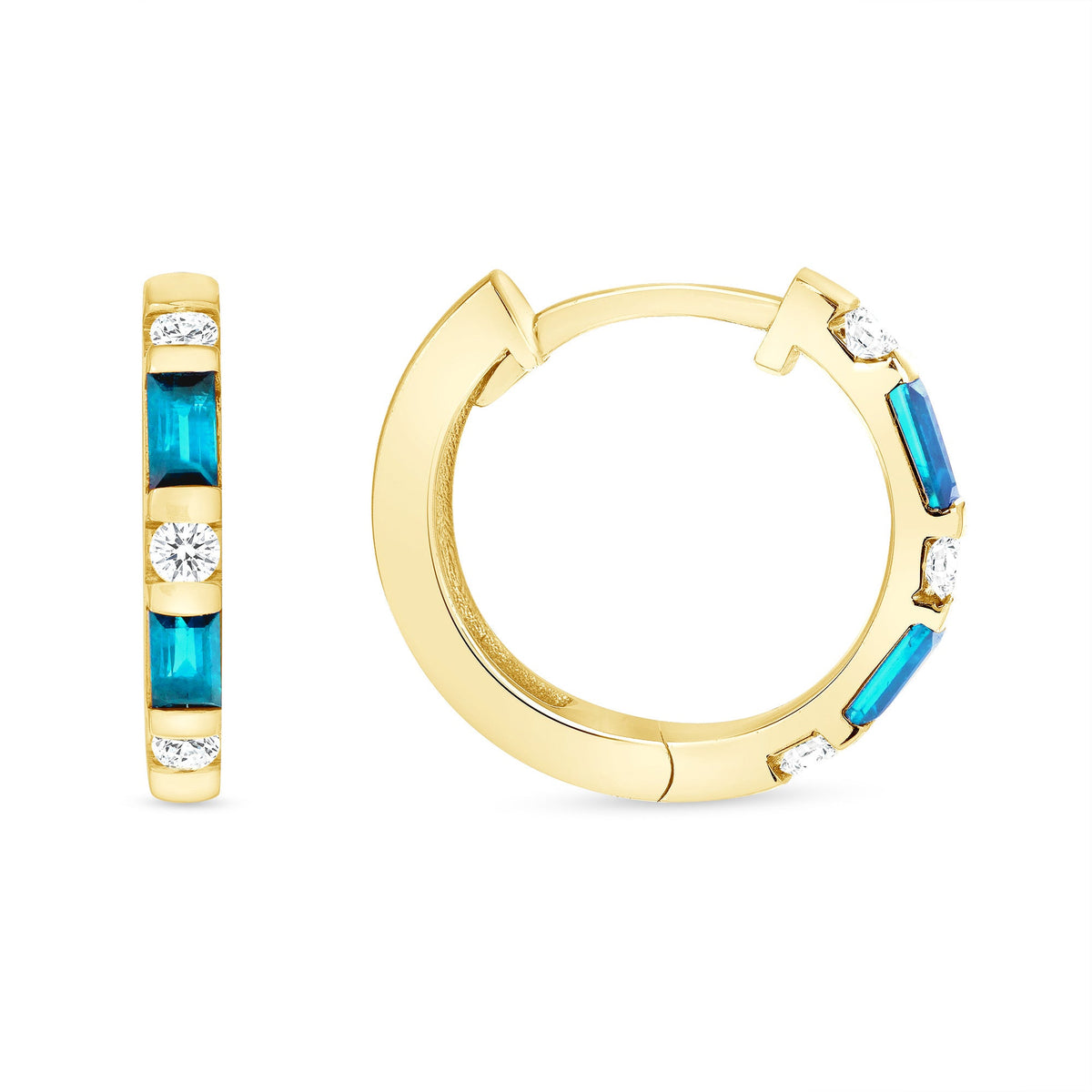 14K Gold London Blue Topaz & Diamond Huggie Earrings Earring ABE-110/2-LBD-2  - Abtin & Co.