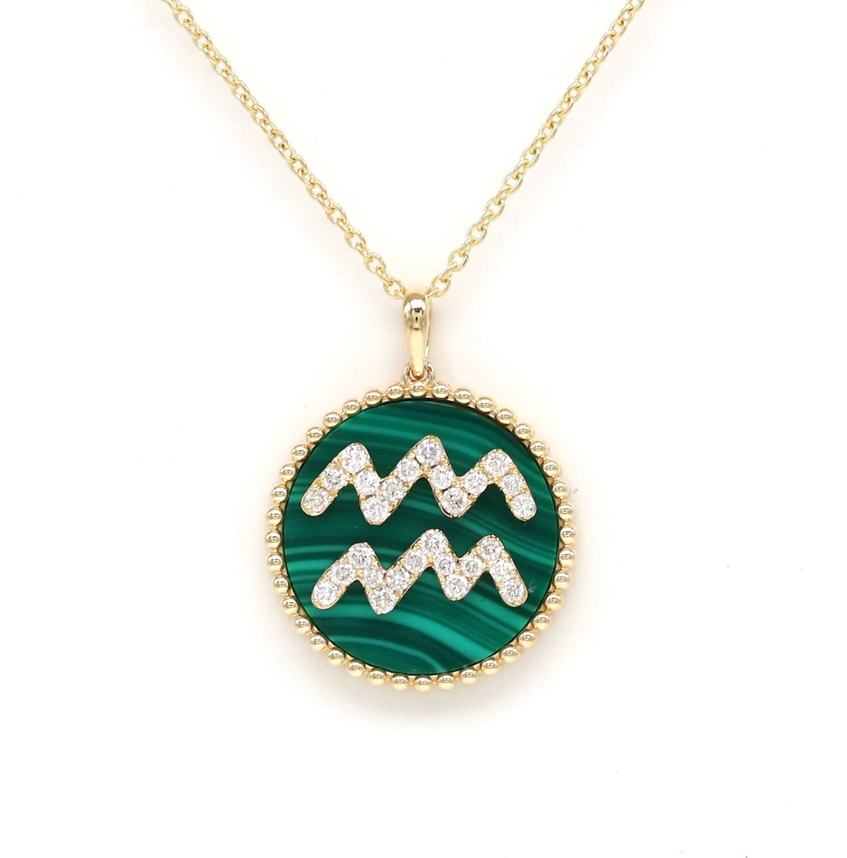 14K Gold Malachite & Diamond Aquarius Zodiac Medallion Medallion ALP-227Y-AQU.ML  - Abtin & Co.