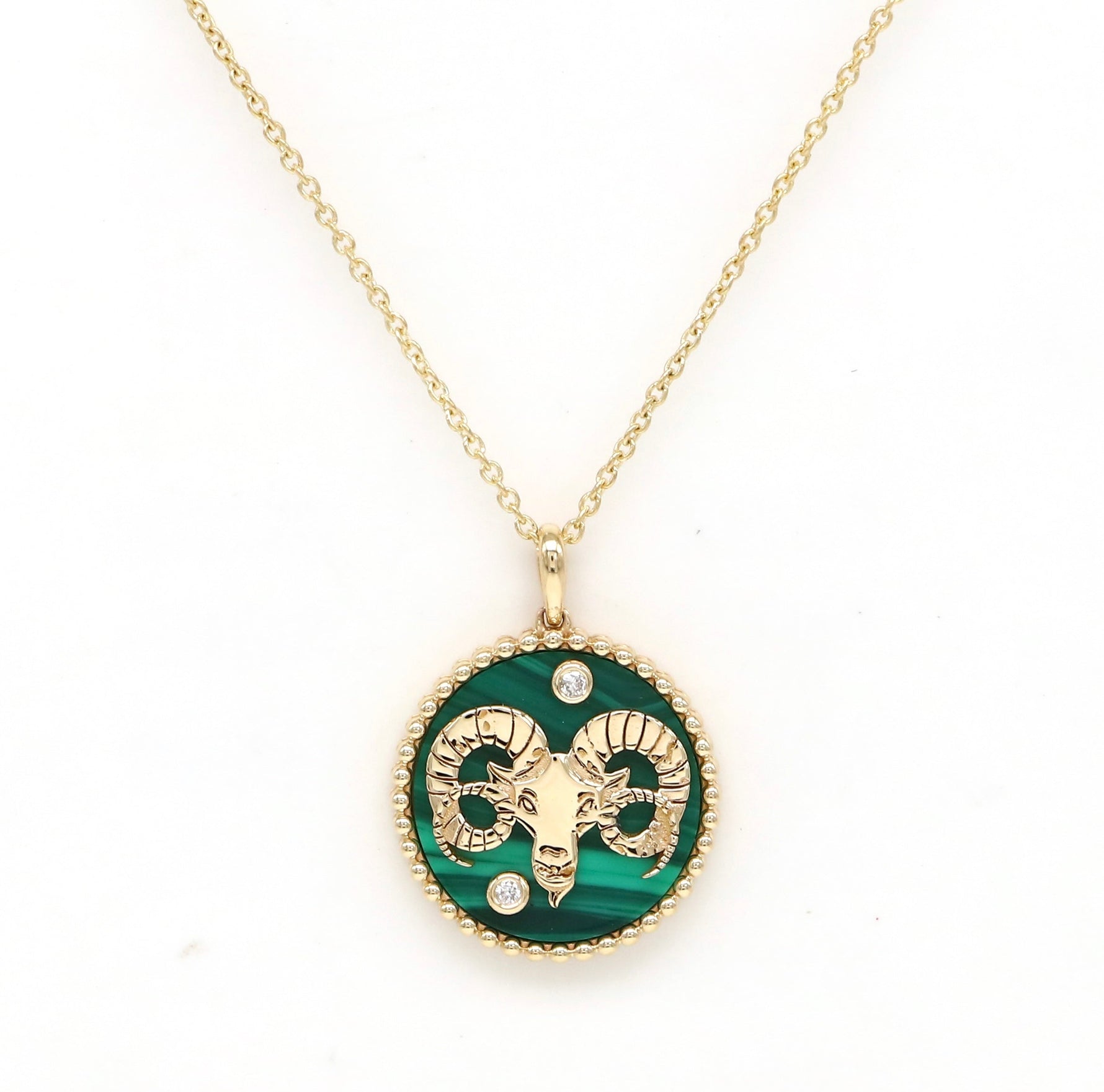 14K Gold Malachite & Diamond Aries Horoscope Medallion Medallion ALP-225Y-ARI.ML  - Abtin & Co.